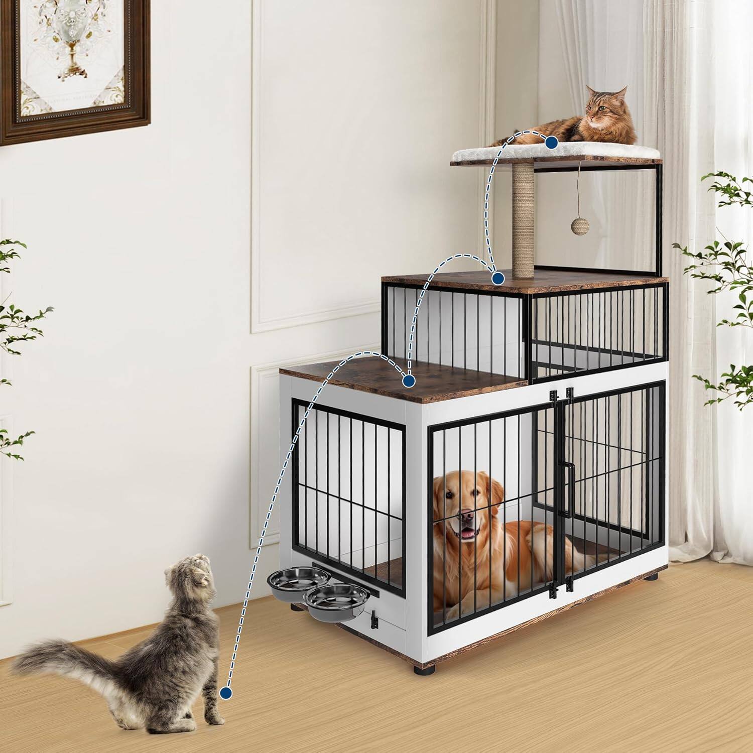 Back. Acekool - Dog Crate Furniture, 2-in-1 Corner Pet Kennel for Dogs & Cats, White Wooden Pet House w/ Bowls, Scratching Post, White.