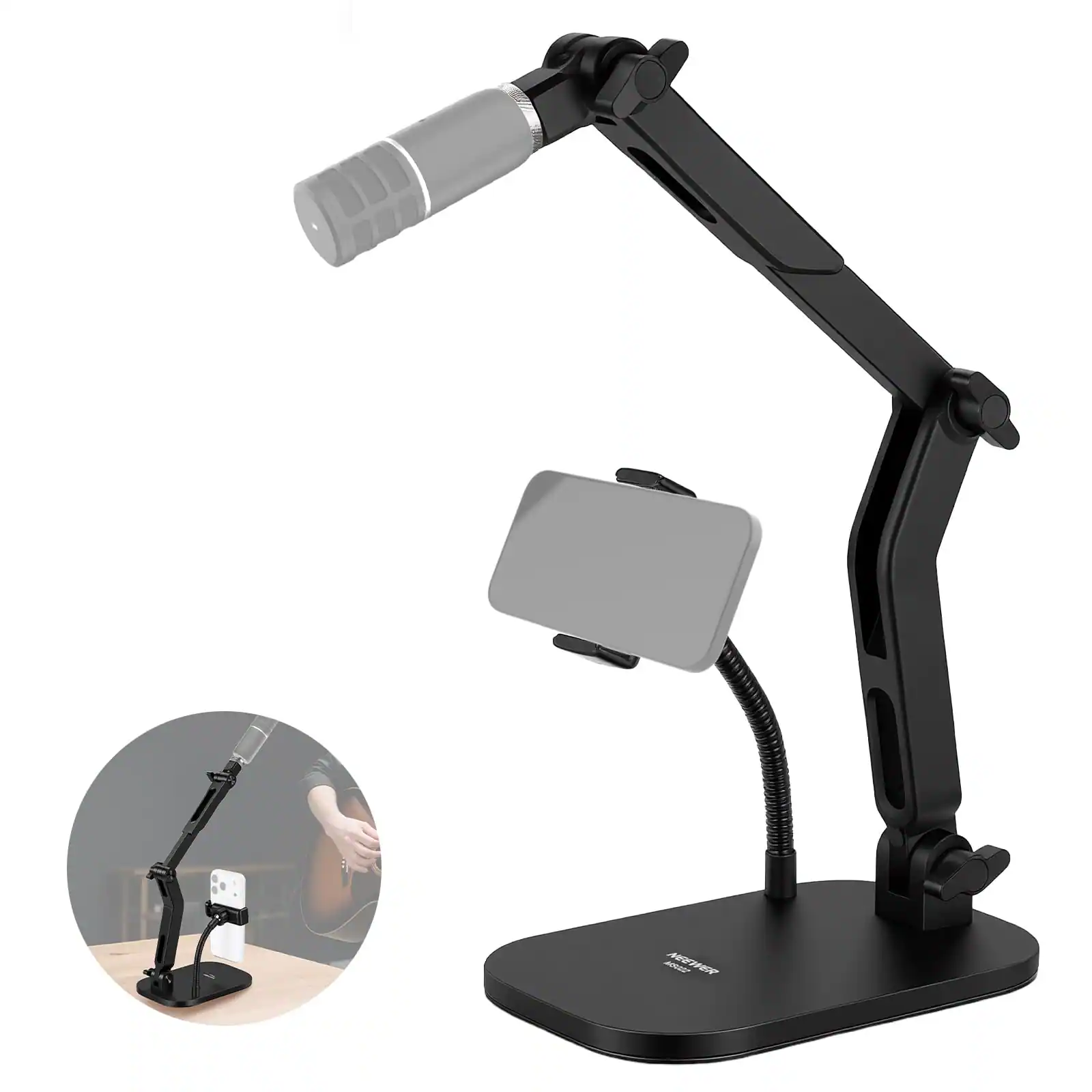 Front. Neewer - Desk Mic Stand with Phone Clamp & Flexible Arm, 3.3lb Load, MS022 - Black.
