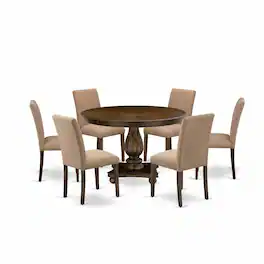 East West Furniture - 7 Piece Dining Room Set Contains a Modern Dining Table and 6 Light Sable Linen Fabric Dining Chairs - Multi-Color