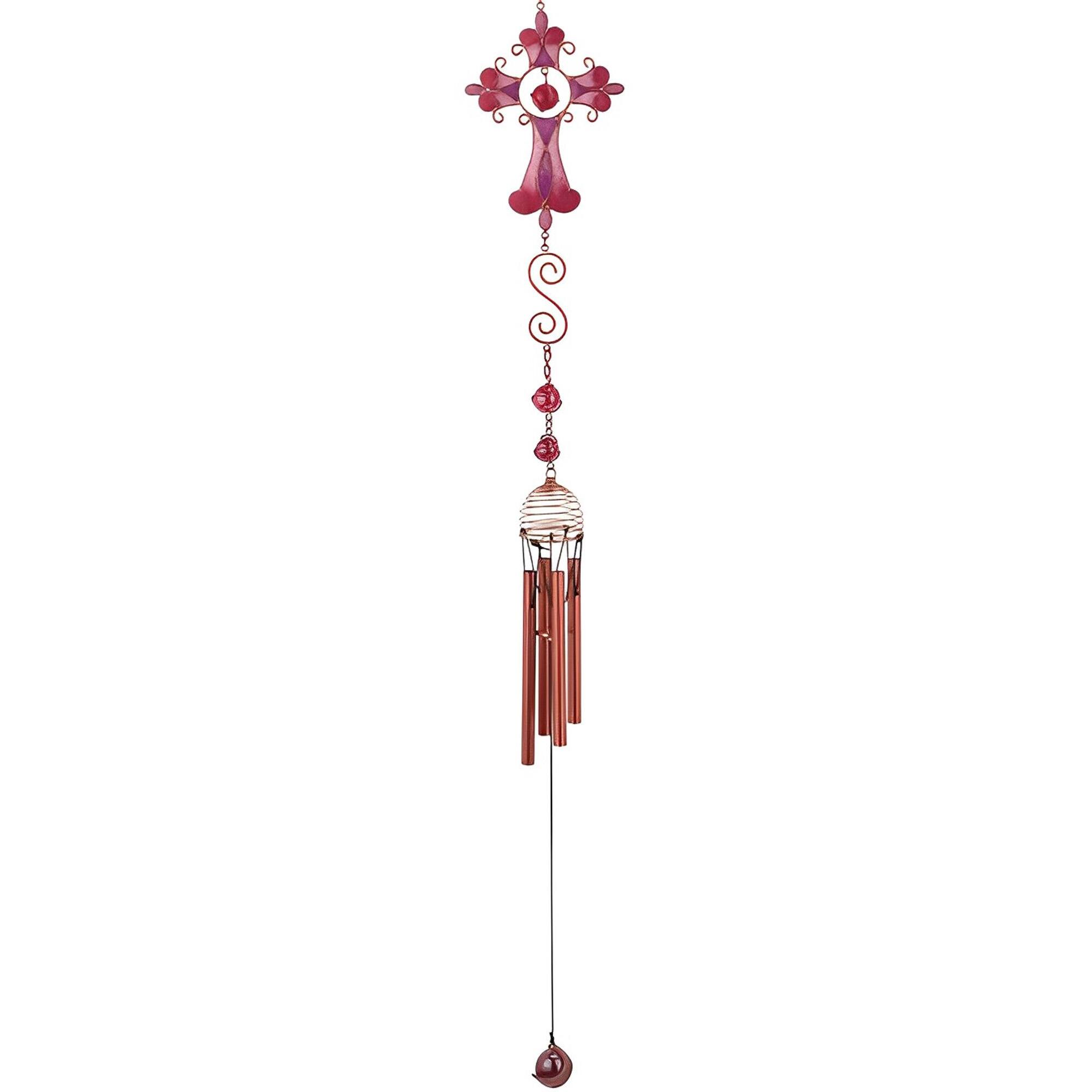 FC Design - 28" Long Pink Cross Wind Chime with Copper Gem Outdoor Patio or Garden Hanging Decoration - Multi-Color