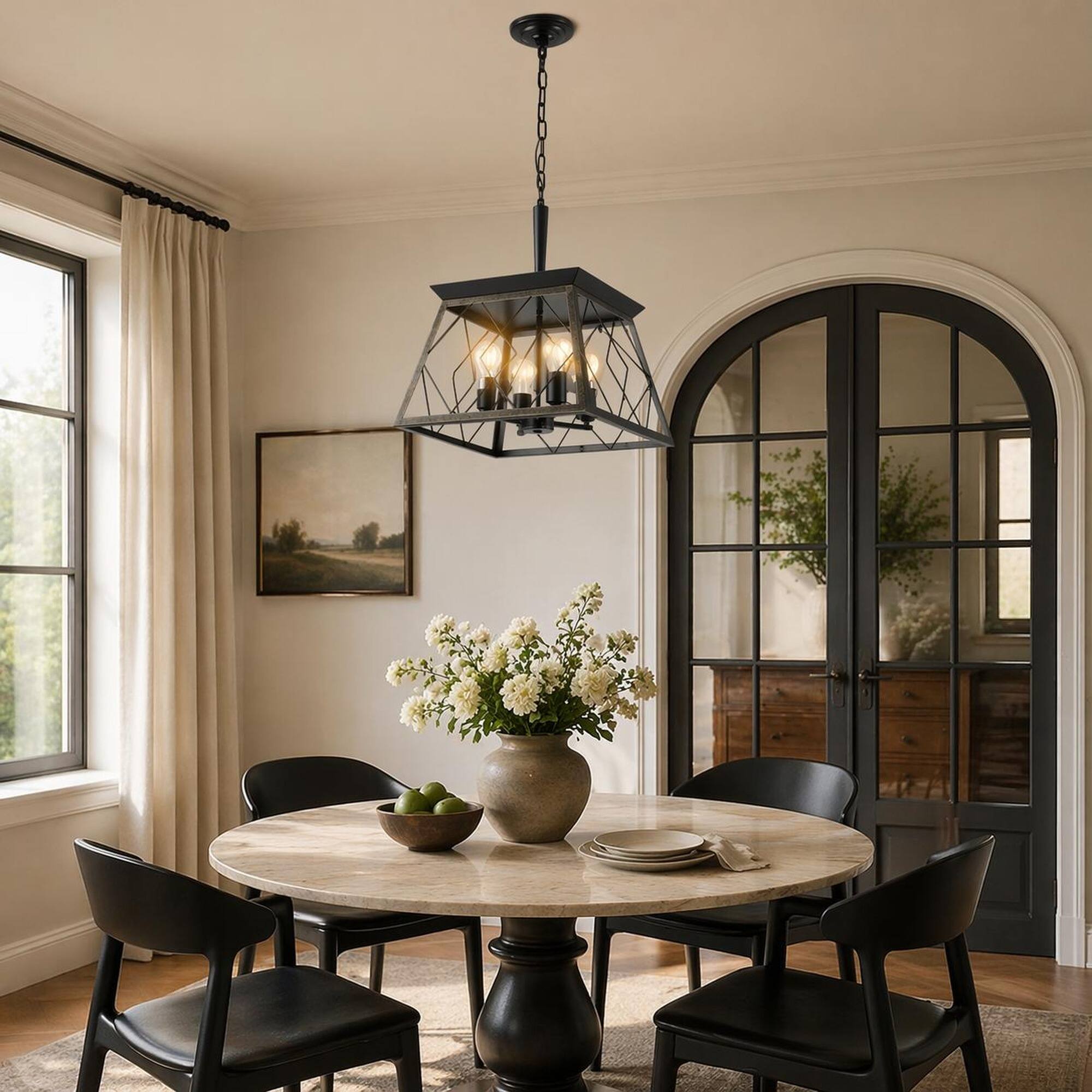 Angle. RYHNUYNE - 16-Inch Industrial Black and Gold 4-Light Pendant Chandelier with Metal Cage Shade, Adjustable Chain for Kitchen Island.