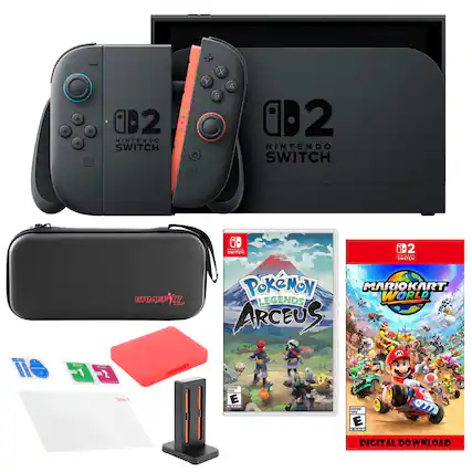 Sure, here is the corrected and grouped text from the image:
---
**Nintendo Switch**
- **Nintendo Switch** (Console and Joy-Con)
- **Gamefitz** (Carrying Case)
- **Pokémon Legends Arceus** (Game Case)
- **Mario Kart World** (Game Case)
- **Digital Download** (Label on Mario Kart World game case)
- **1** and **2** (Stickers on the carrying case)
- **E** (Rating on Pokémon Legends Arceus game case)
- **E** (Rating on Mario Kart World game case)
---
This groups the text by the items shown in the image.