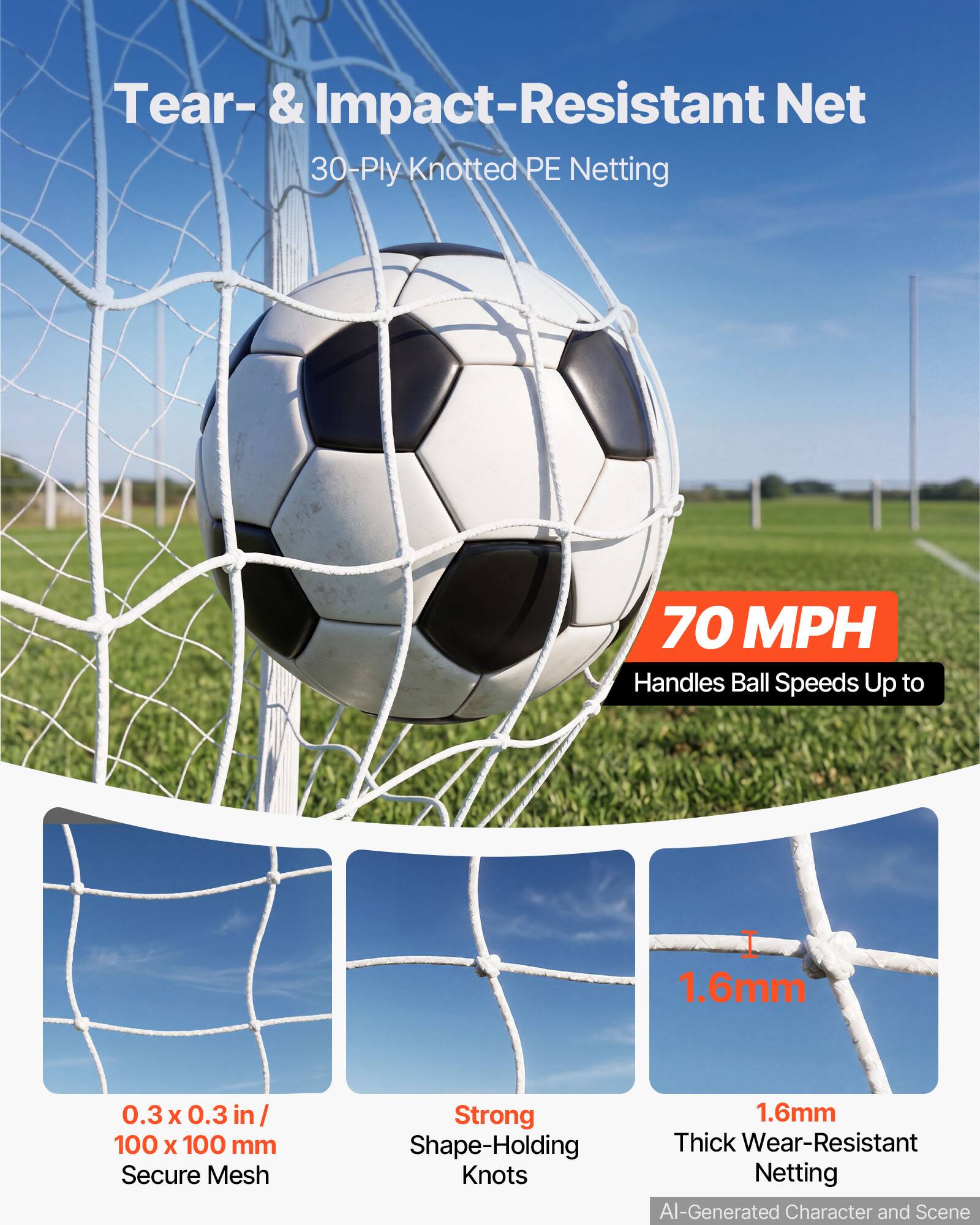 Tear- & Impact-Resistant Net  
30-Ply Knotted PE Netting  
70 MPH Handles Ball Speeds Up to  
0.3 X 0.3 in/ 100 X 100 mm  
Secure Mesh  
Strong Shape-Holding Thick Wear-Resistant Knots  
1.6mm Thick Wear-Resistant Netting  
AI-Generated Character and Scene