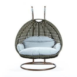 LeisureMod - 2-Person Wicker Egg Swing Chair with Stand & Washable Cushions - Indoor/Outdoor Double Hanging Patio Chair - Light Gray