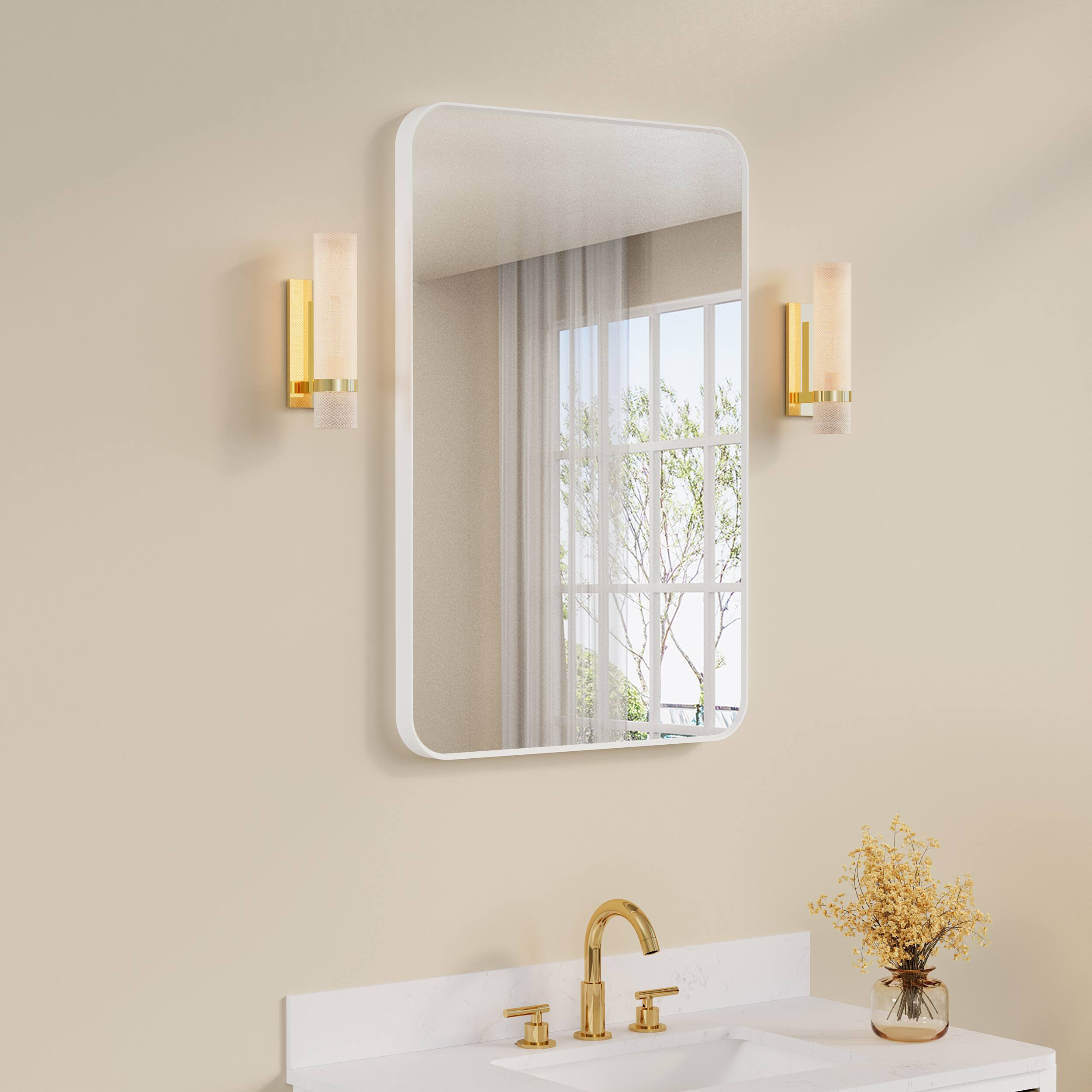 Angle. WELLFOR - 24 in. W. x 36 in. H Rectangular Aluminum Framed Wall-Mounted Bathroom Vanity Mirror - White.