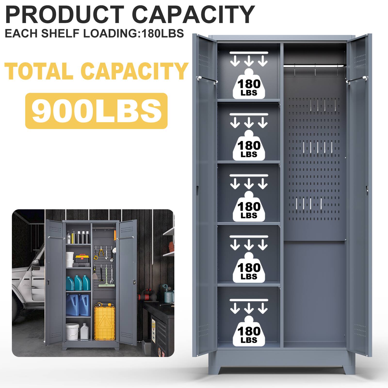 PRODUCT CAPACITY  
EACH SHELF LOADING: 180LBS  
TOTAL CAPACITY 900LBS