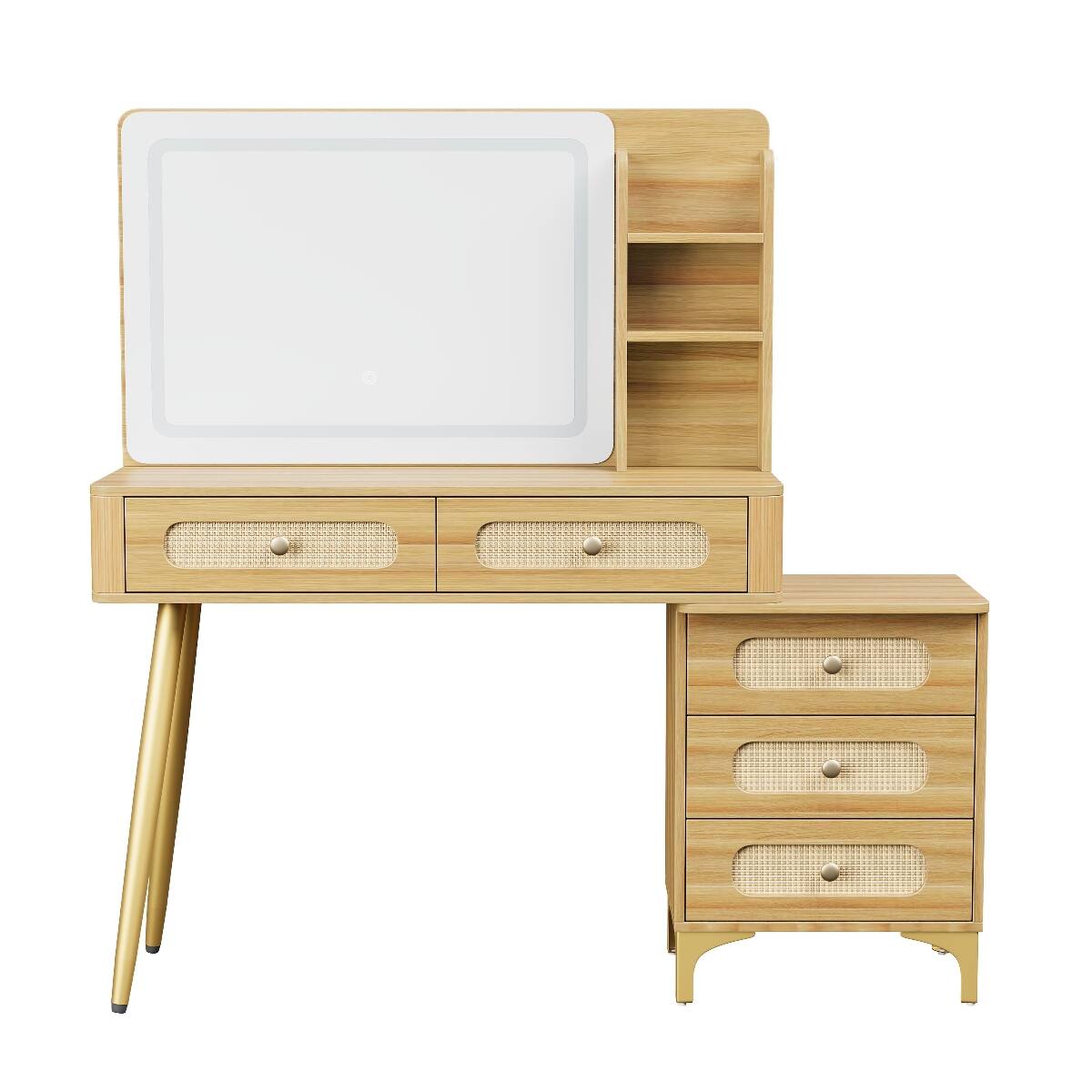 Alt View 2. Loheer - Loheer Makeup Vanity Desk with Mirror and Lights, Vintage Rattan Drawers, Natural Wood - Natural.
