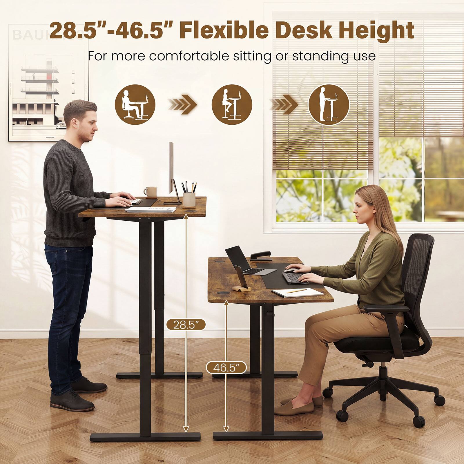 BAU 28.5"-46.5" Flexible Desk Height  
For more comfortable sitting or standing use