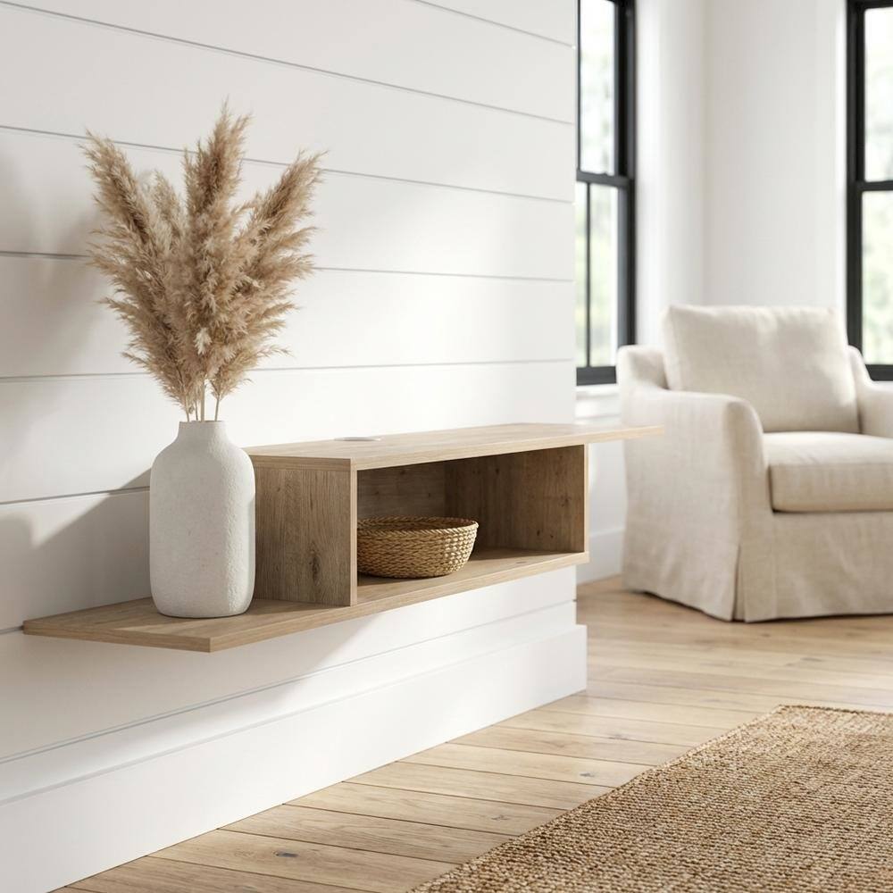 Alt View 1. FurniFact - Beige Wall Mount TV Stand for 65 Inch Screens with Engineered Wood Shelf - Beige.