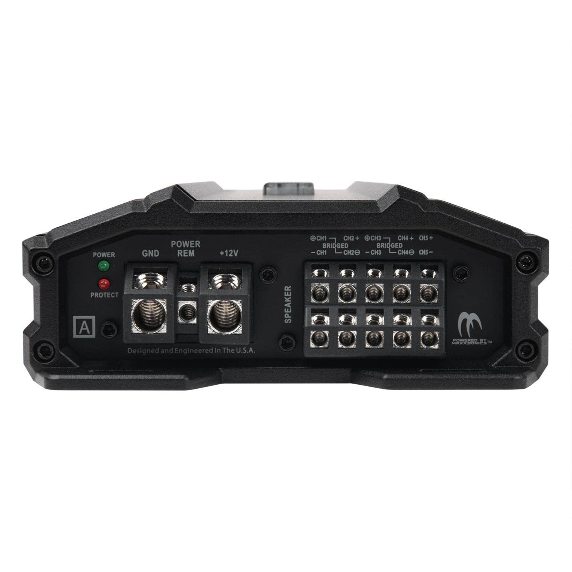 POWER GND REM +12V  
CH1 - CH2 + CH3 - CH4 + CH5 +  
BRIDGED BRIDGED  
PROTECT  
A  
Designed and Engineered in The U.S.A.  
SPEAKER MOSFET