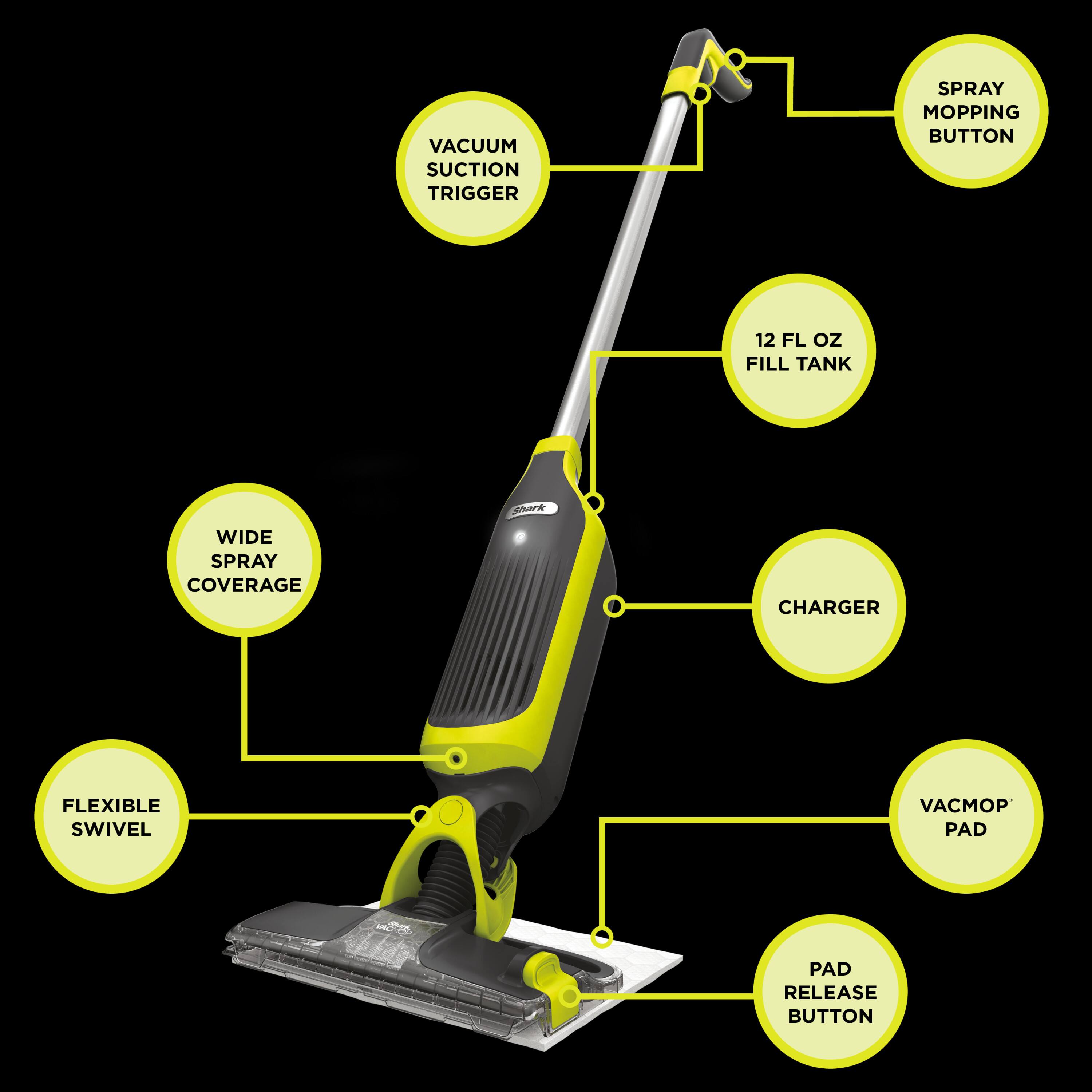 - VACUUM SUCTION TRIGGER
- SPRAY MOPPING BUTTON
- 12 FL OZ FILL TANK
- WIDE SPRAY COVERAGE
- FLEXIBLE SWIVEL
- VACMOP PAD
- PAD RELEASE BUTTON
- CHARGER