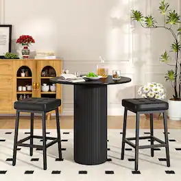 Vecelo - Set of 2 PU Leather Counter Height Stools, Bar Stools for Kitchen Island with Footrest, Metal Frame - Black