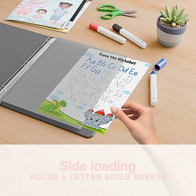 Trace the Alphabet  
Aa Bb Cc Dd Ee  
Ff Gg Hh Ii Jj  
Kk Ll Mm Nn Oo  
Pp Qq Rr Ss  
Tt Uu Vv Ww Xx Yy Zz  

Side loading  
HOLDS 5 LETTER SIZED SHEETS
