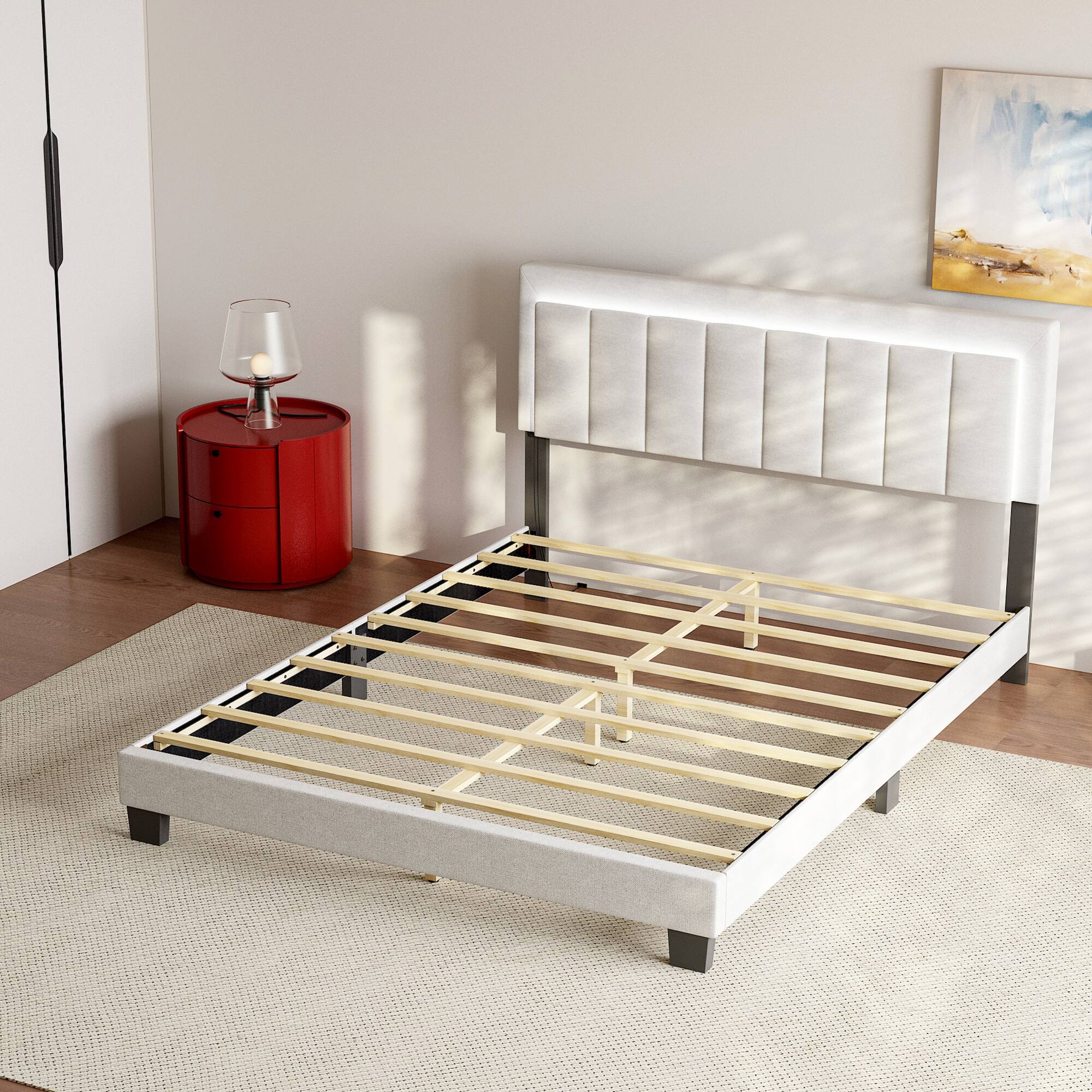 Alt View 7. Famapy - Famapy Upholstered Bed Frame with LED Headboard & Reinforced Slat Support - White.