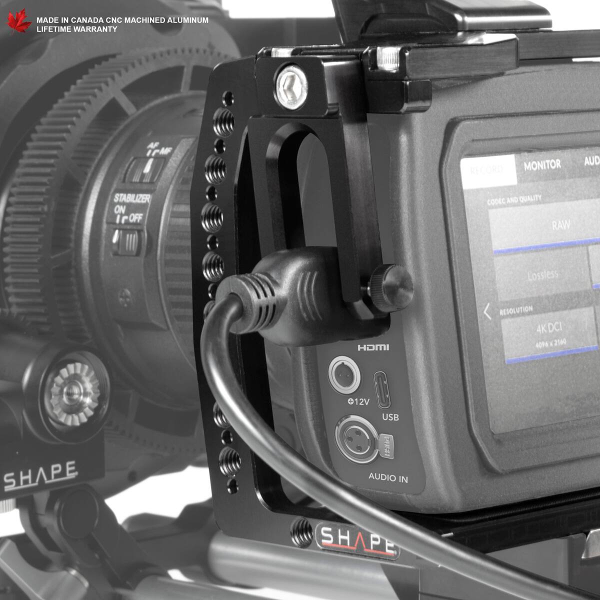 MADE IN CANADA CNC MACHINED ALUMINUM LIFETIME WARRANTY

AF TPM RECORD MONITOR AUD STABILIZER ON/OFF

CODEC AND QUALITY RAW Lossless

RESOLUTION 4K DCI 4096 x 2160

HDMI

12V USB

AUDIO IN

SHAPE