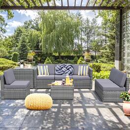 Gymax - Set of 8 Rattan Wicker Sofa & Table Outdoor Cushioned Sectional Patio Furniture - Gray