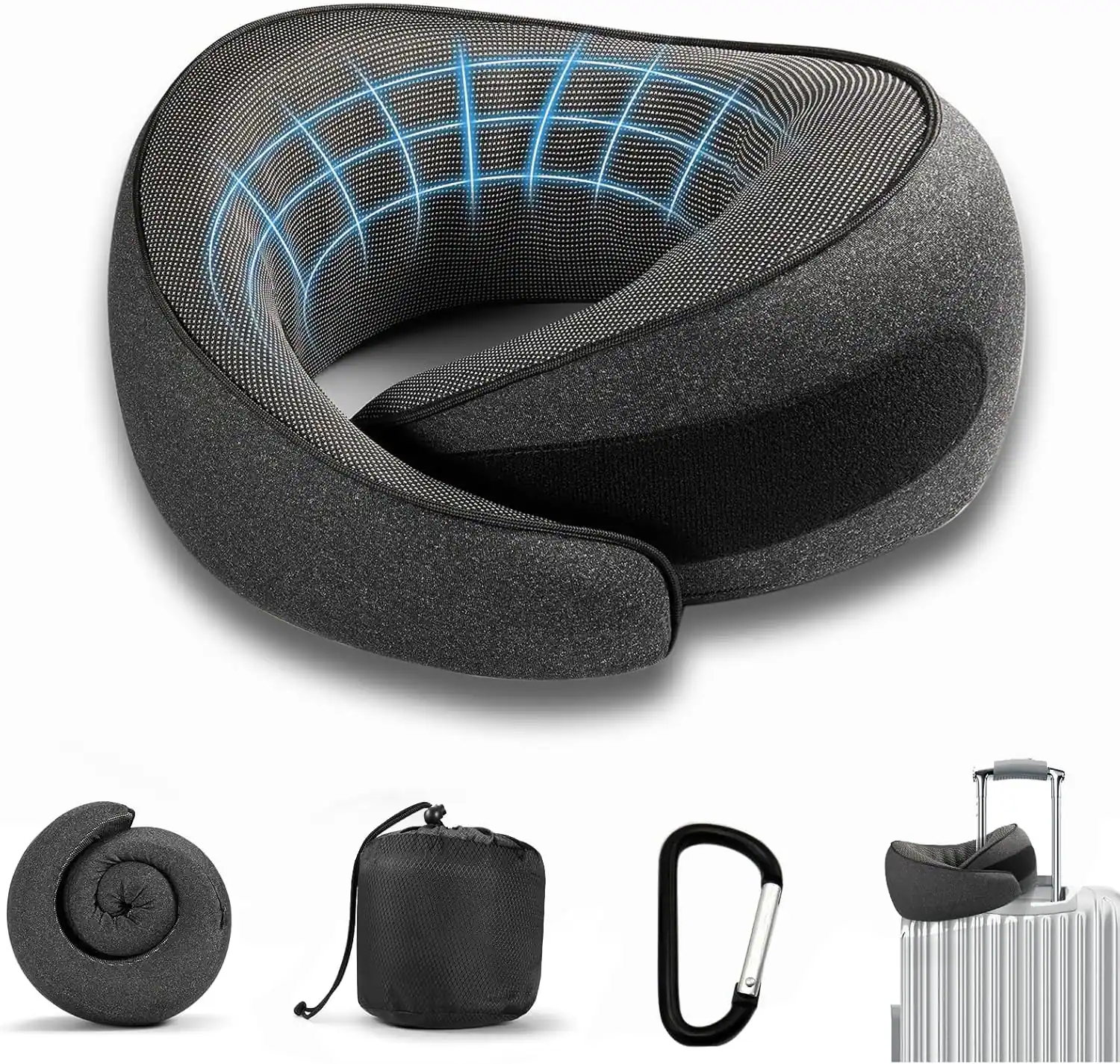 Fabibe - Travel Pillows For Airplanes Pure Memory Foam Neck Pillow Comfortable Breathable Cover 360° Support Stowable Sleeping - Black Small