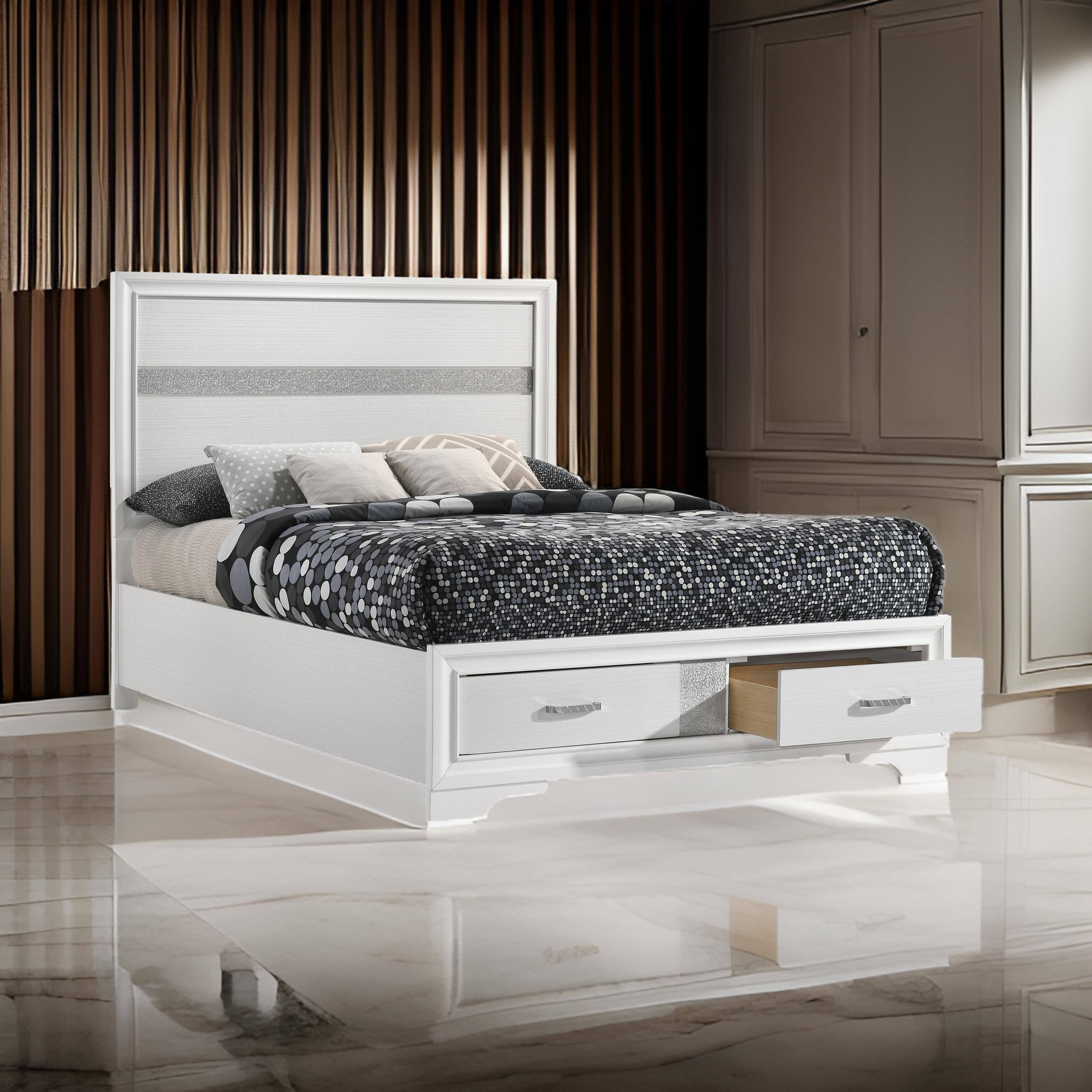 Alt View 5. Manhattan Lane - Vino Full Size Panel Bed with 2 Storage Drawers, Acrylic Glitter - White, Silver.