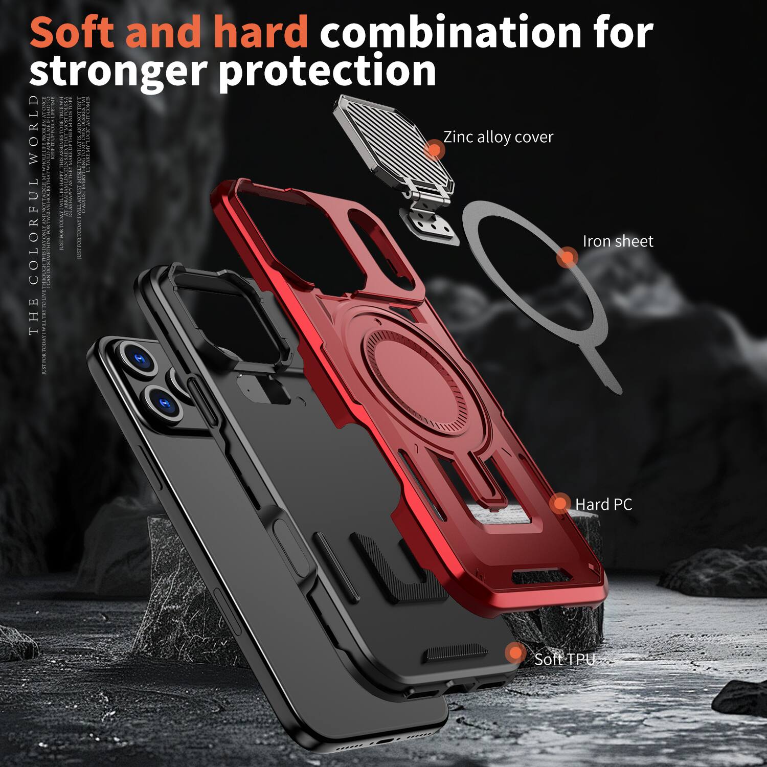 Soft and hard combination for stronger protection

Zinc alloy cover

Iron sheet

Hard PC

Soft TPU