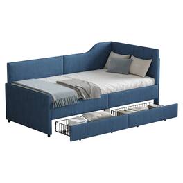 GOODSILO - Twin Size L-Shaped Upholstered Daybed with Storage Drawers, Corduroy Fabric, Beige Finish - Blue