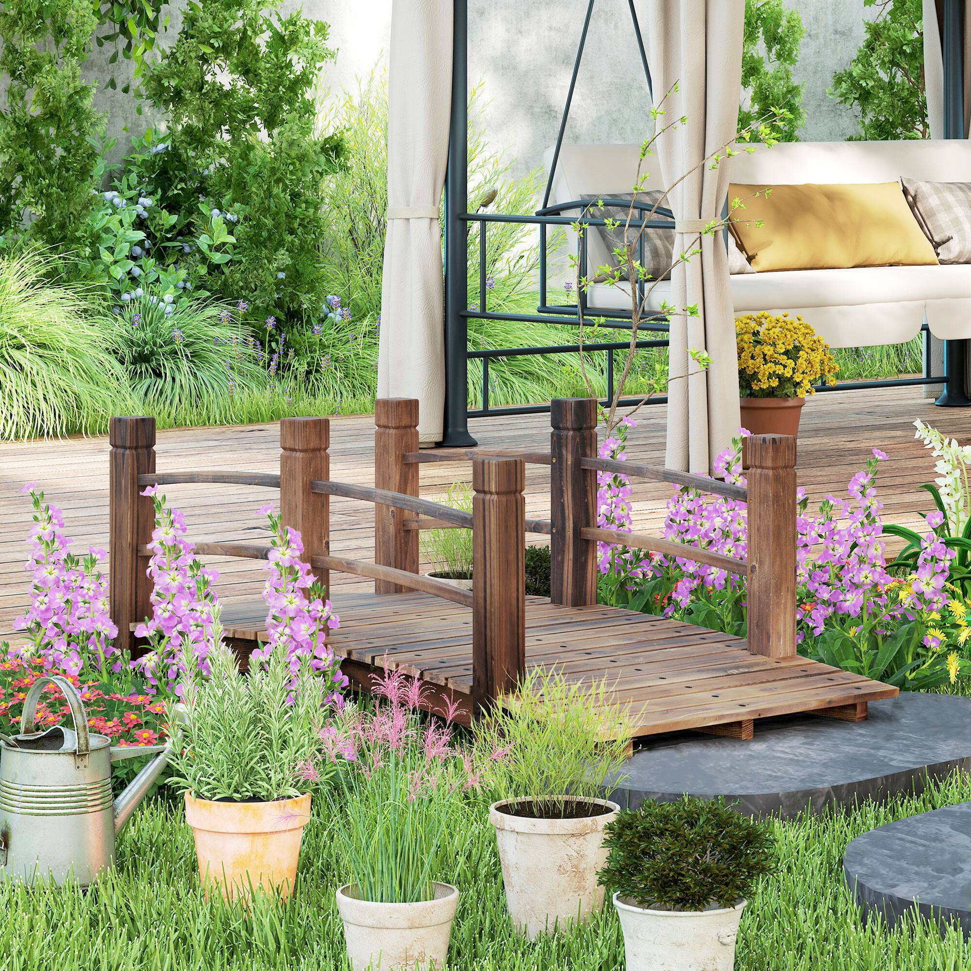 Alt View 7. Outsunny - Fir Wood Garden Bridge Arc Walkway with Side Railings for Backyards, Gardens, and Streams, 60" x 26.5" x 19".