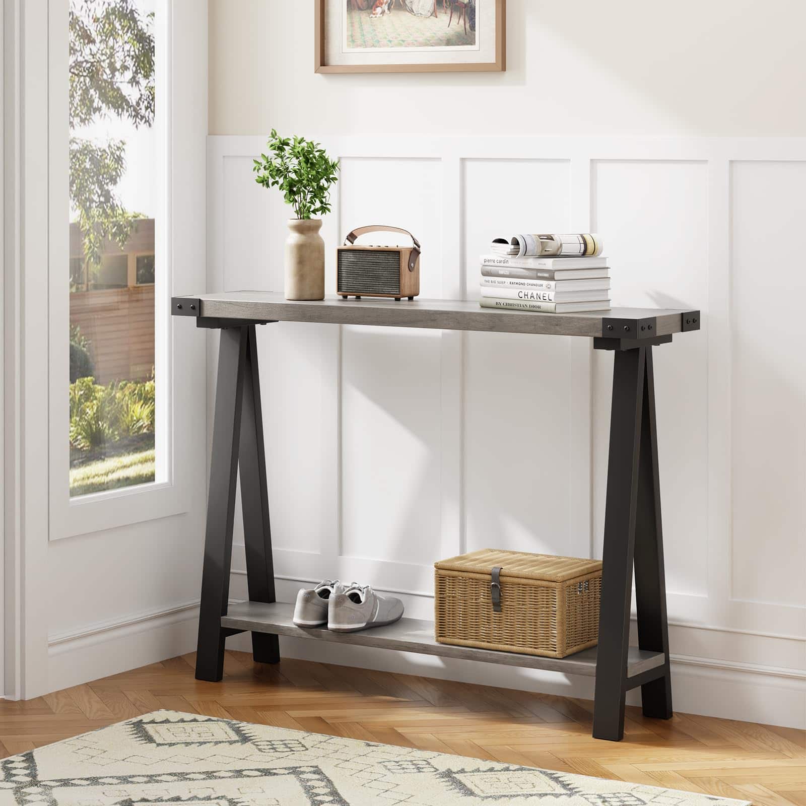 Jojoka - Farmhouse 43.3" Console Table Narrow Entryway Table with Storage, 2 Tier Sofa Table with Metal Frame - Gray