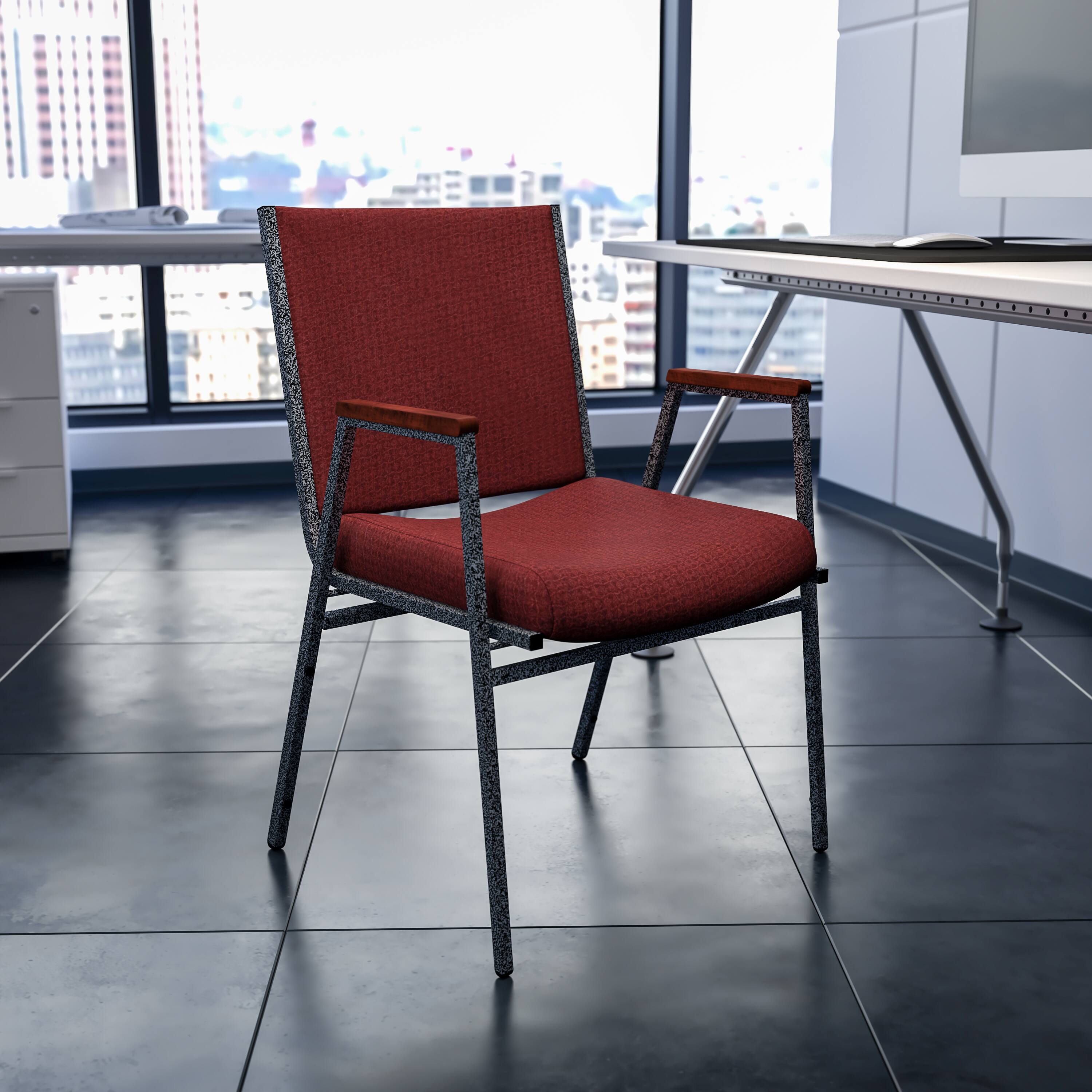 Alt View 1. Emma + Oliver - Heavy Duty Reception/Guest Stack Chair with Arms - Burgundy Patterned Fabric.