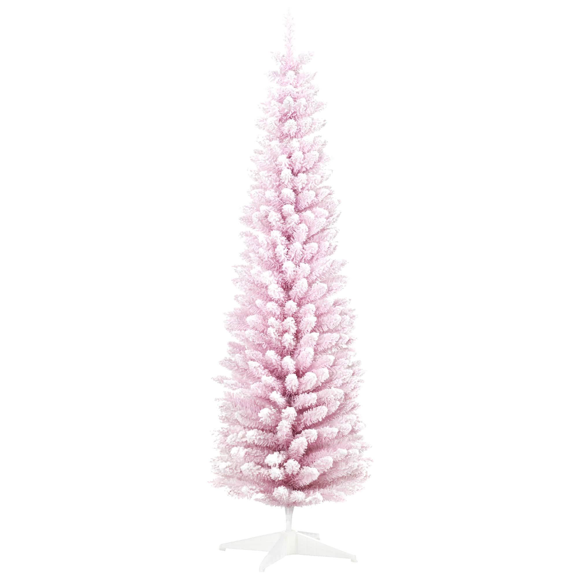 Front. Homcom - Snow Flocked Slim Pencil Artificial Christmas Tree, Realistic Branches Plastic Base - Pink.