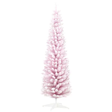Front. Homcom - Decorated Christmas Tree Snow Flocked Artificial Christmas Tree with Pencil Shape - Pink.