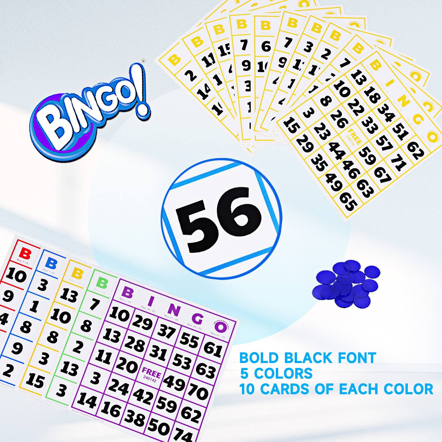 - 7 6 7 3  15 2  N 11 9 1 9 1: 7  
-  1 2 1 1 ; 13 O 3 1 - 14 1 10 18 ] 7 8 22 : Z C BINGO! 1 3 34 I 15 26 33 G 23 240116 FREE 51 O 29 44 57 62 35 59 71 46 67 49 63  56 SILL.15  
- e 10  3  9 13  1 7 I - N 4 10 10 29 G 8 8 37 8 13 NoE. 9 2 28 55 61 3 11 31 53 BOLD BLACK FONT 2 13 20 FREE 63 5 COLORS 15 3 240142 49 3 24 42 70 10 CARDS OF EACH COLOR 14 16 59 38 62 50 74