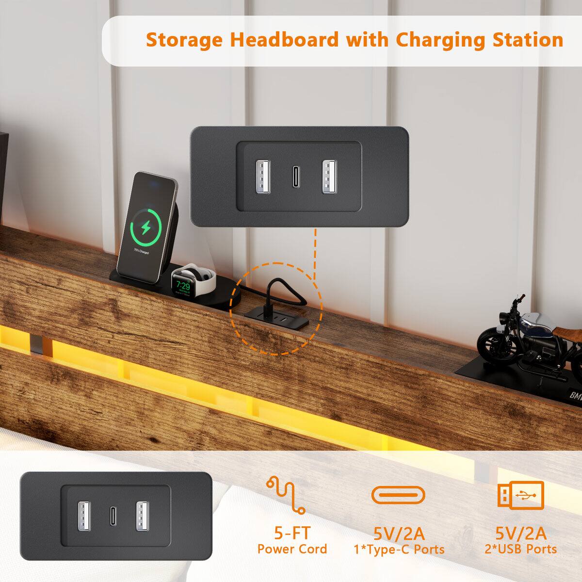 Storage Headboard with Charging Station

- 5-FT Power Cord
- 5V/2A 1*Type-C Ports
- 5V/2A 2*USB Ports