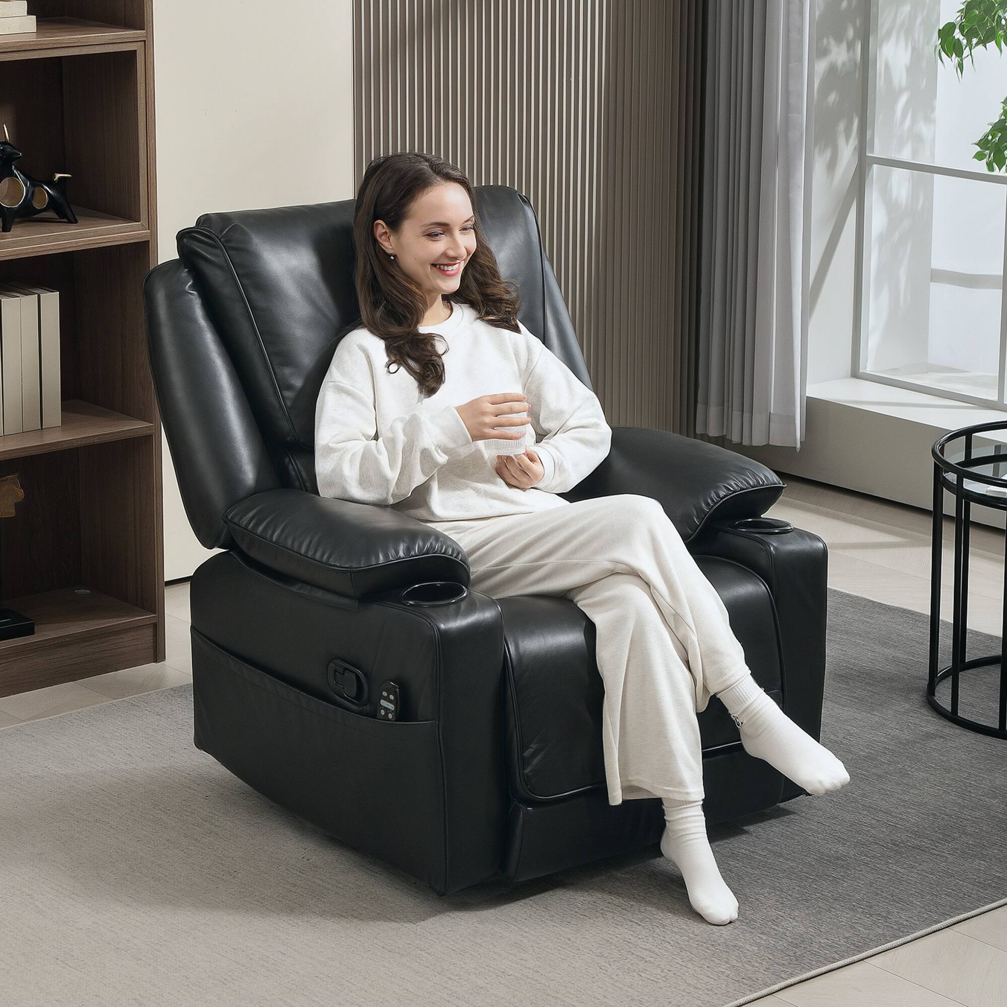 Alt View 1. Homcom - Swivel Rocker: PU Manual Recliner w/Massage+Heat, Oversized Sofa w/Footrest & Cup Holders - Black.