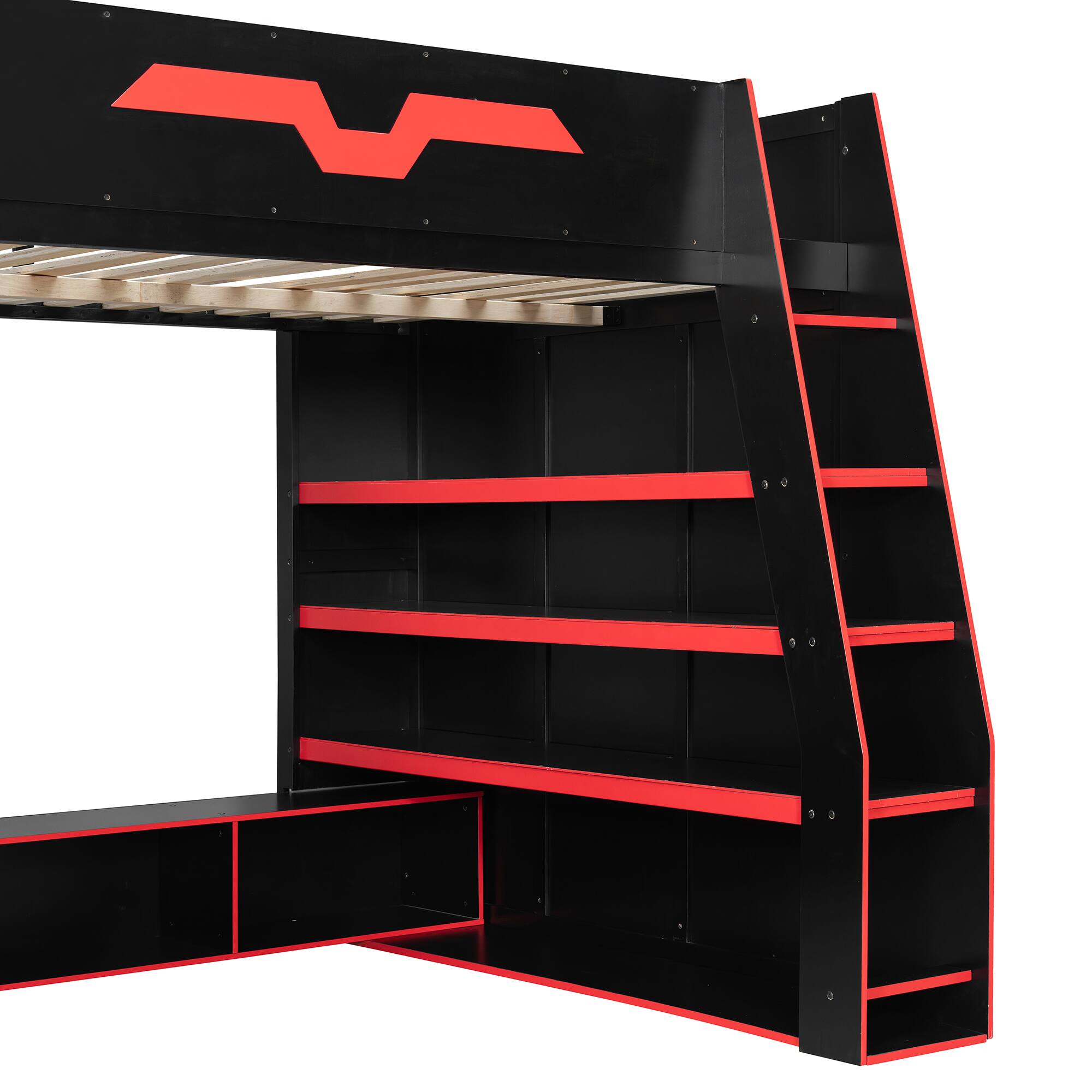 Alt View 2. Anysun - Full Size Wood Loft Bed with Desk, Multi-storage Shelves and RGB Light, Table with adjustable placement - Red.