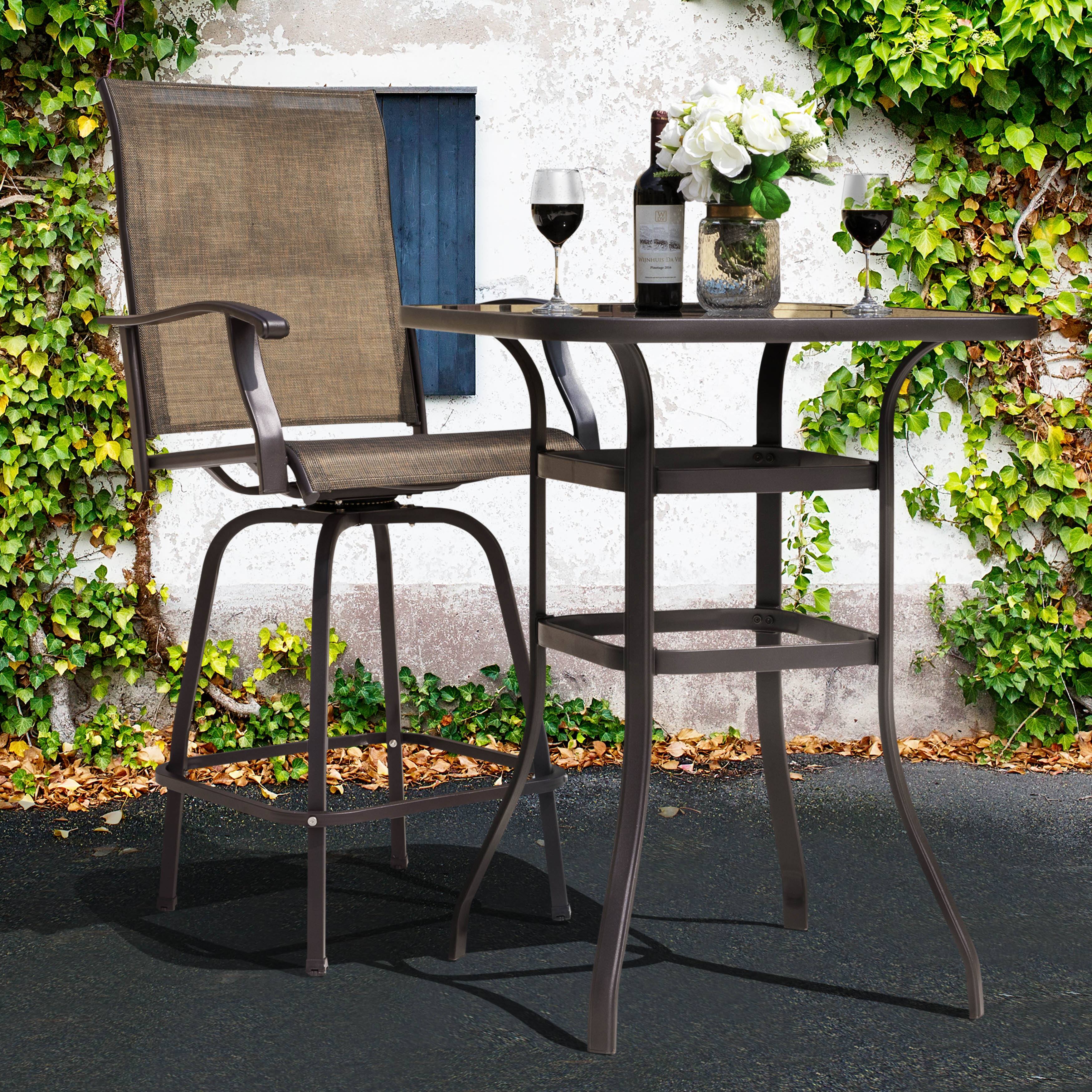 Alt View 4. Nuu Garden - 32" Square Outdoor Bar Table, Tempered Glass Tabletop, Powder-coated Iron Frame - Brown with Gold Speckles.