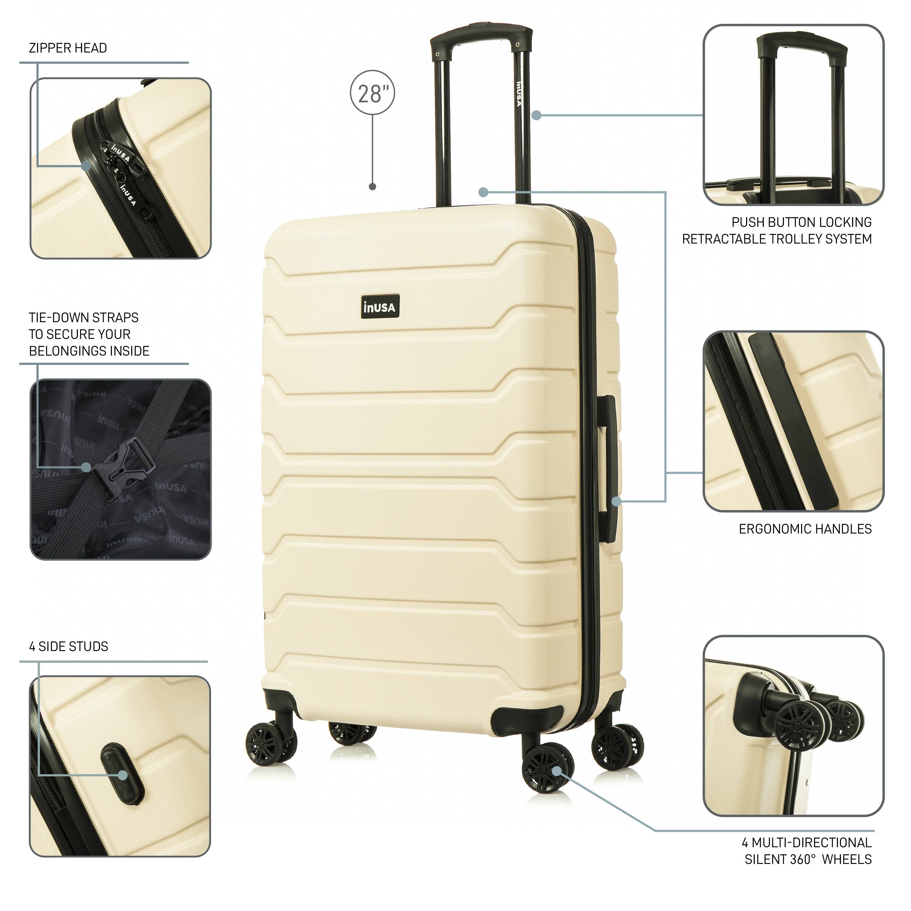 ZIPPER HEAD  
28"  
PUSH BUTTON LOCKING RETRACTABLE TROLLEY SYSTEM  
TIE-DOWN STRAPS TO SECURE YOUR BELONGINGS INSIDE  
ERGONOMIC HANDLES  
4 SIDE STUDS  
4 MULTI-DIRECTIONAL SILENT 360° WHEELS