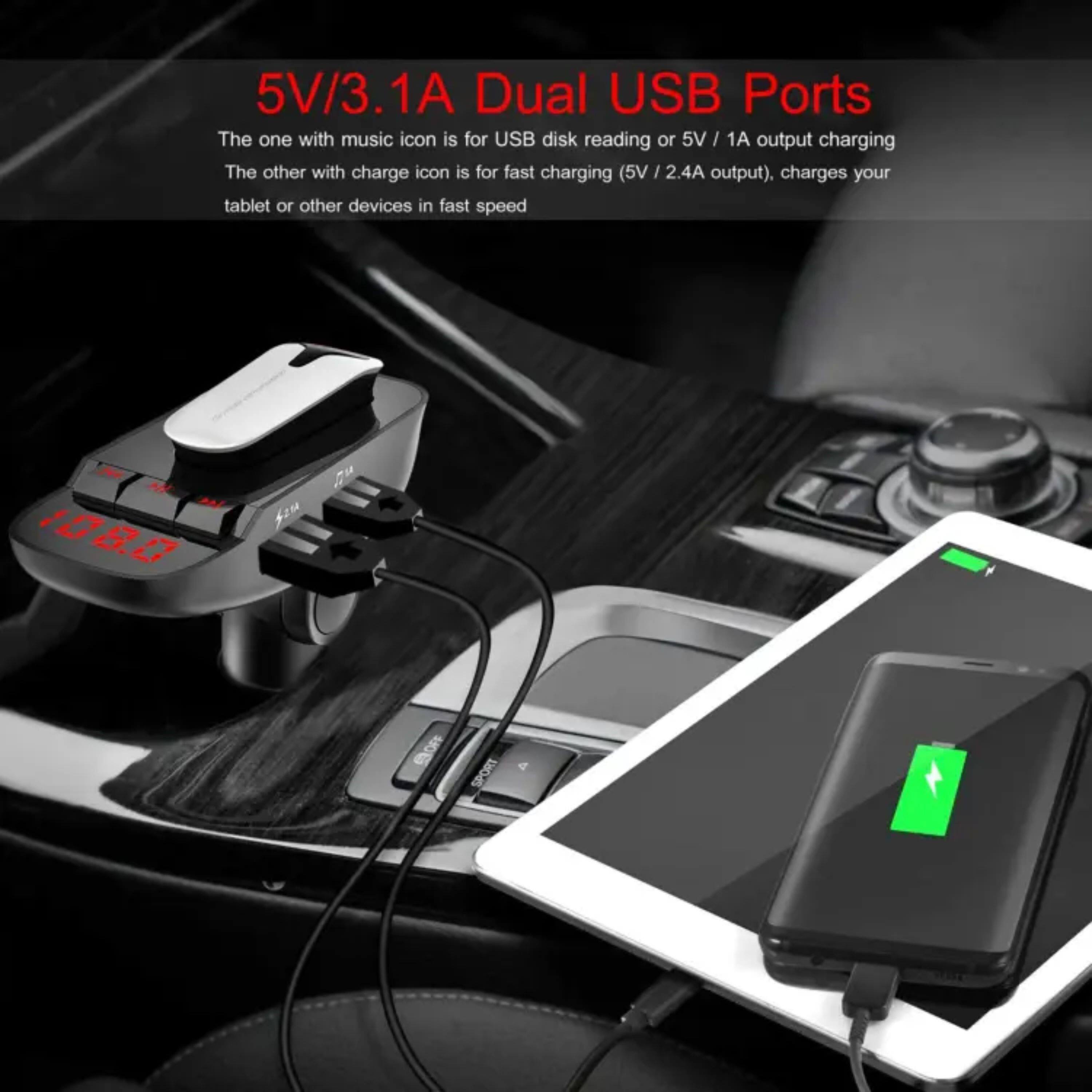 5V/3.1A Dual USB Ports

The one with music icon is for USB disk reading or 5V/1A output charging  
The other with charge icon is for fast charging (5V/2.4A output), charges your tablet or other devices in fast speed