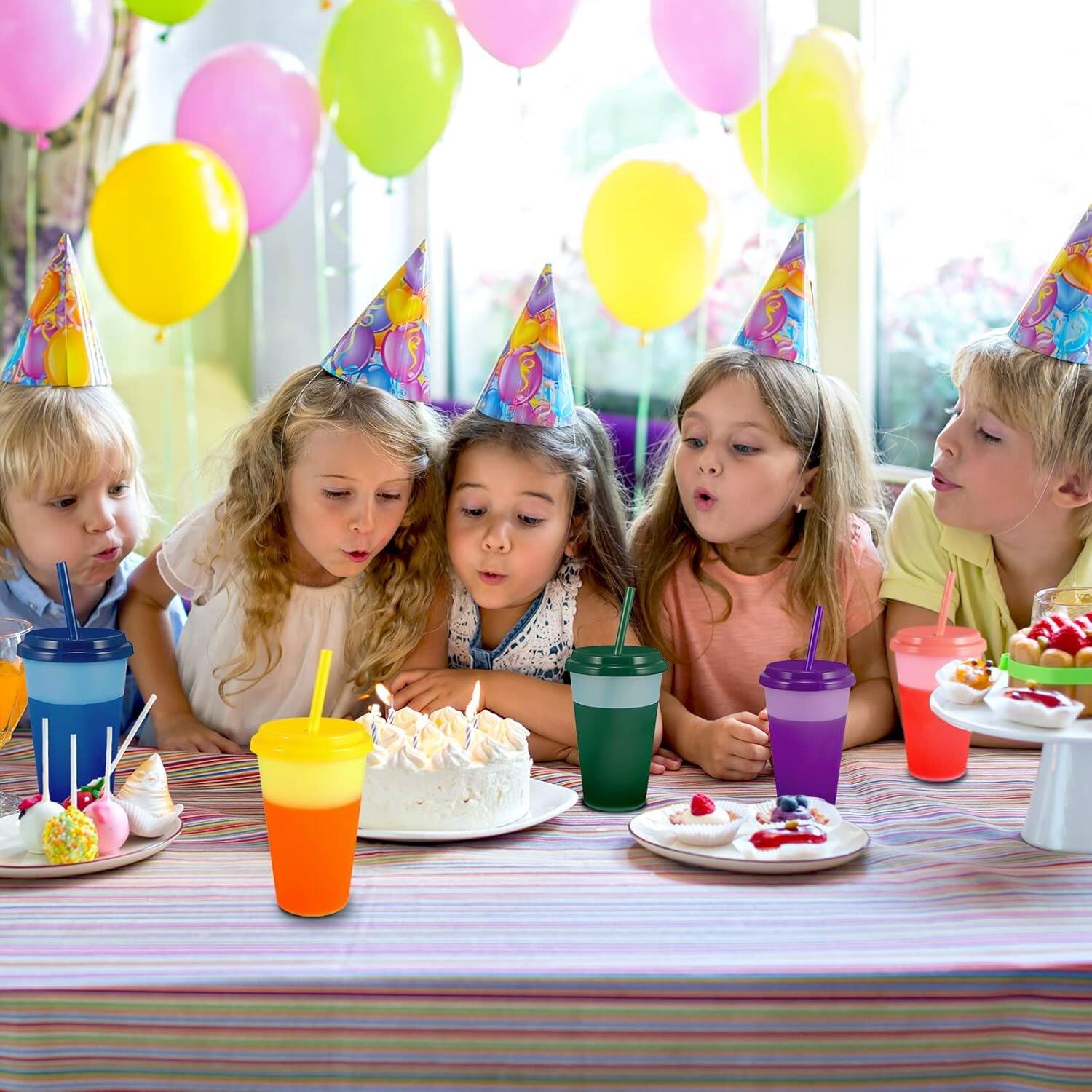 Left. PARKER SLATER - 7-pack 12oz color changing cups with lids and straws, reusable plastic tumblers for kids, parties, and cold drinks. - Multicolor.