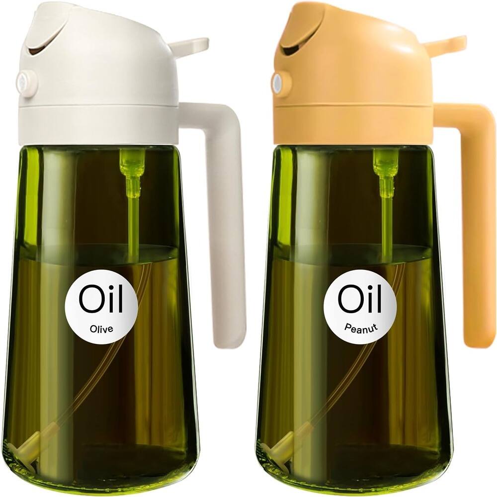Schertz - 2-Pack 16oz Olive Oil Sprayers – Food-Grade Dark Green Glass for Kitchen & BBQ (White & Orange)