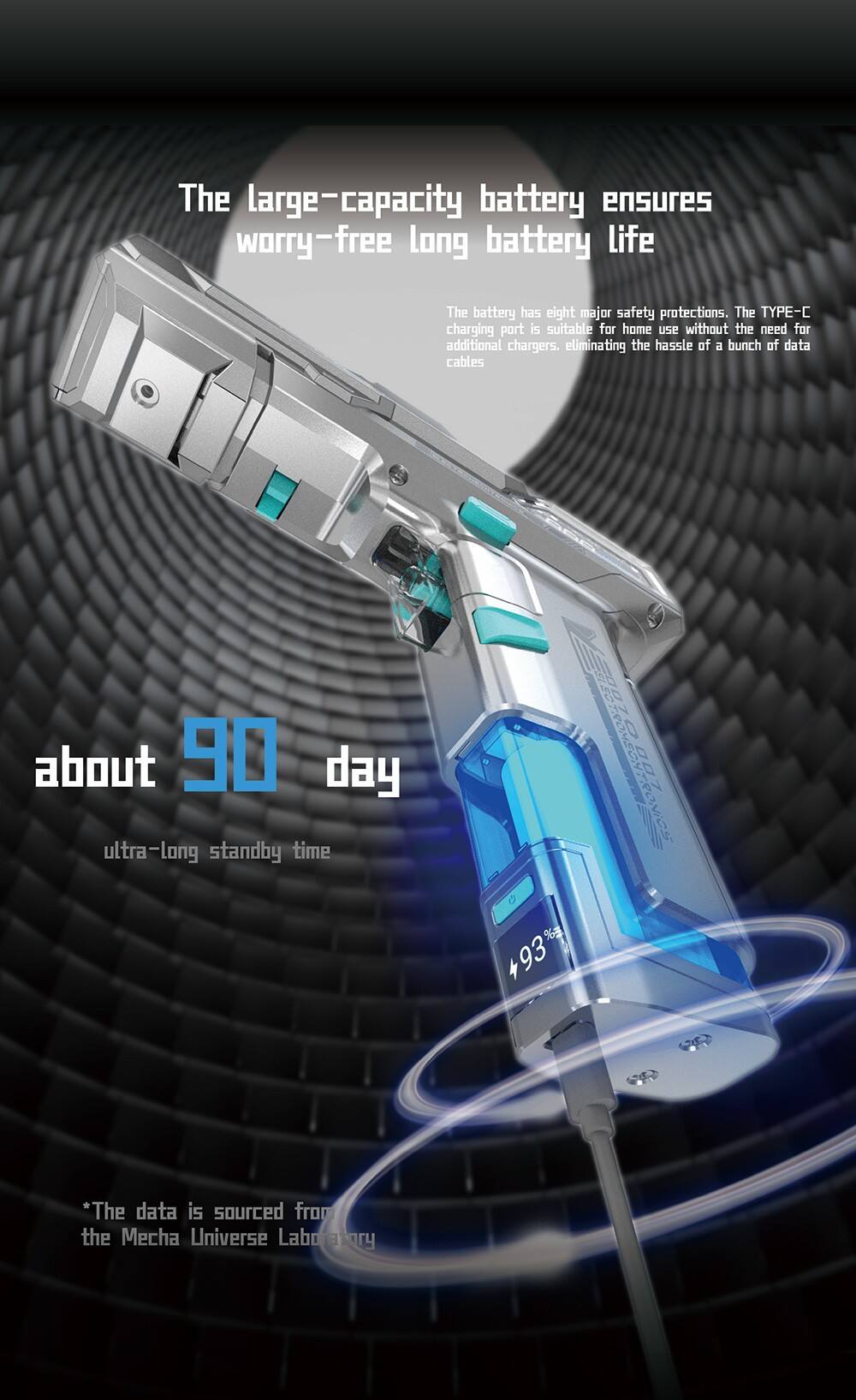 The large-capacity battery ensures worry-free long battery life

The battery has eight major safety protections. The TYPE-C charging port is suitable for home use without the need for additional chargers, eliminating the hassle of a bunch of data cables

about 90 day ultra-long standby time

% 93

*The data is sourced from the Mecha Universe Laboratory