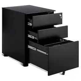 Costway - 3 Drawer Filing Cabinet Locking Pedestal Under Desk Home Office W/Wheels - Black