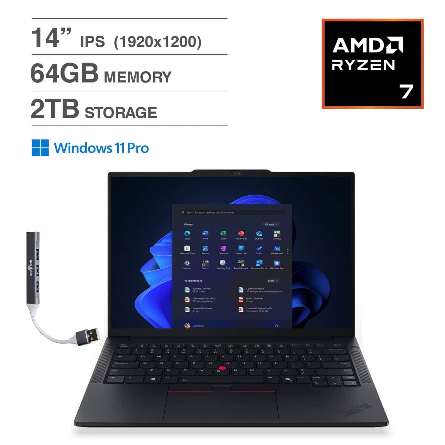 Lenovo - Thinkpad E14 Laptop 14.0 WUXGA Display (Ryzen 7 250, 64GB, 2TB SSD, AMD Radeon 780M, Win 11 Pro) w/USB Hub