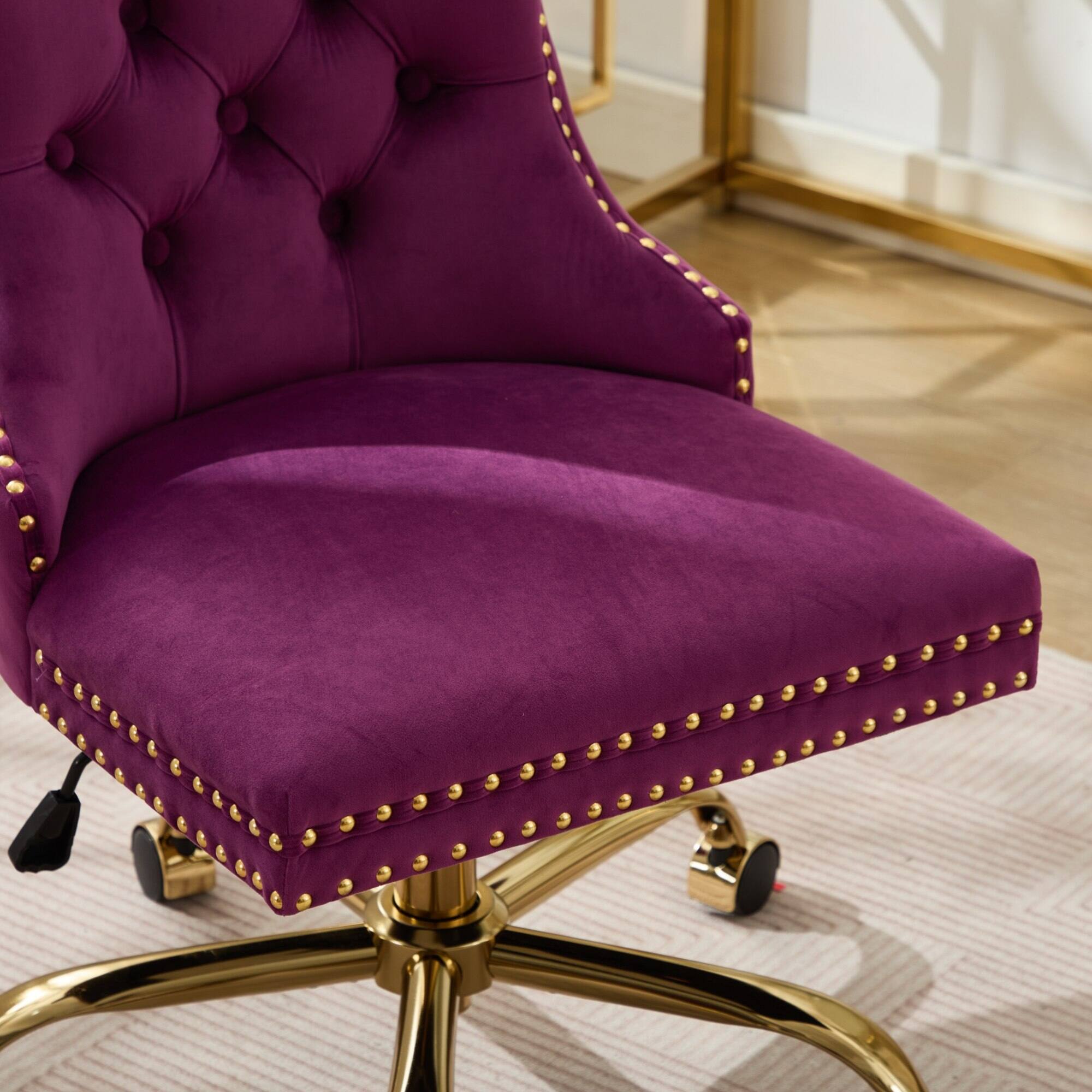 Alt View 7. GOODSILO - Modern Velvet Upholstered Office Chair with Tufted Button Design and Golden Metal Base for Home Workspace - Purple.