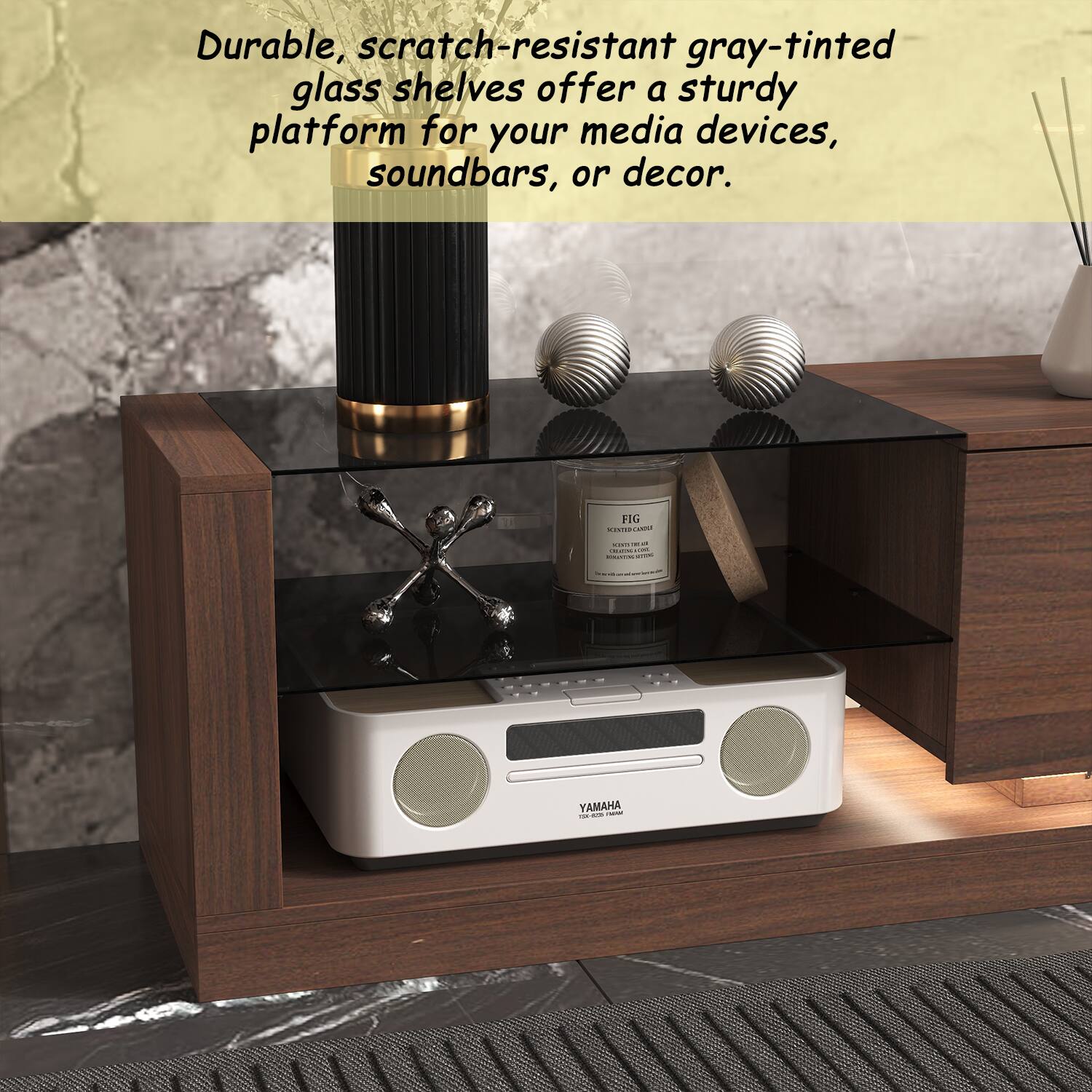 Durable, scratch-resistant gray-tinted glass shelves offer a sturdy platform for your media devices, soundbars, or decor.