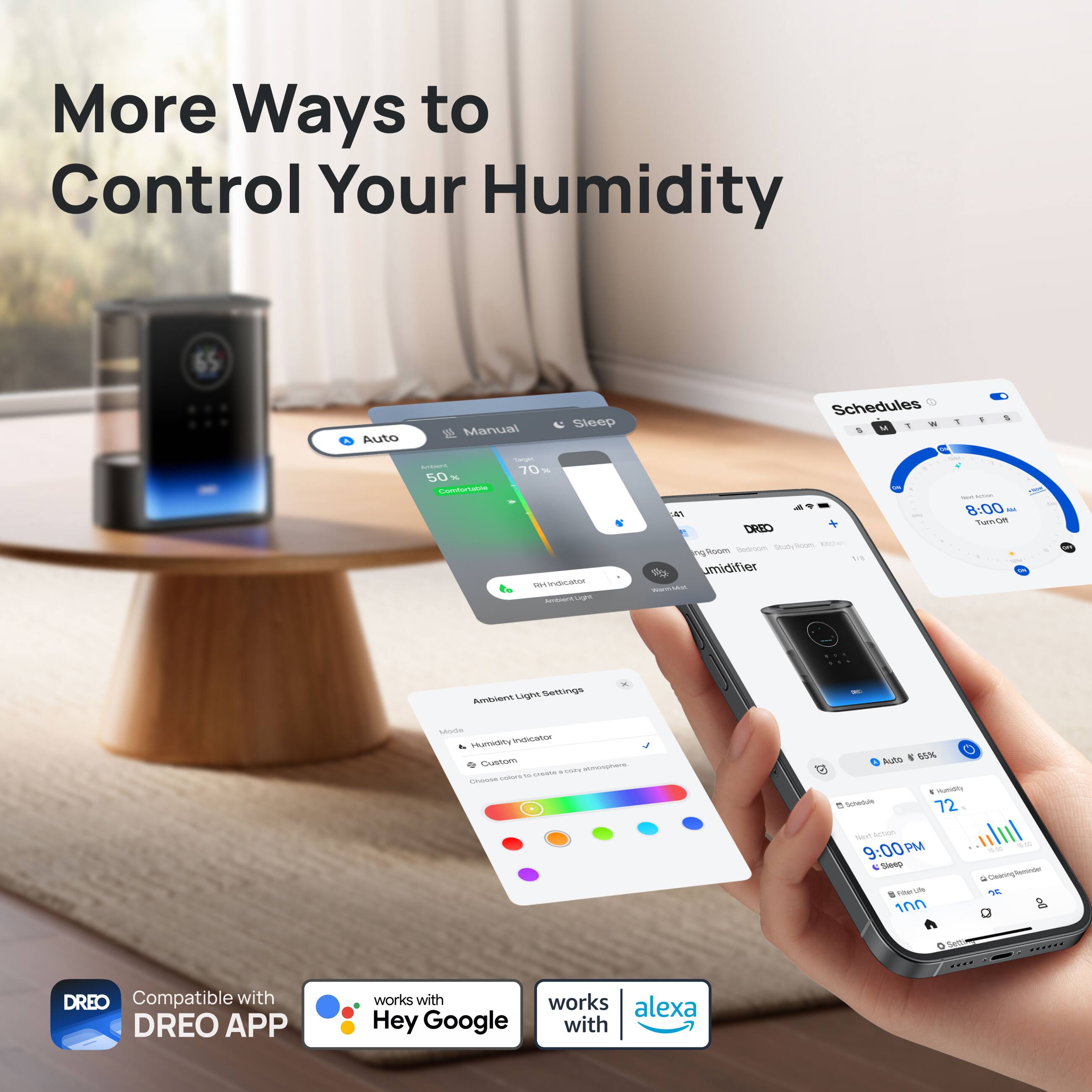 More Ways to Control Your Humidity

Manual Sleep Auto Target, 70% 50% Comfortable Indicator Ambient Light

Schedules 5 F 1 1 Amount 41 8:00 MM Turn Off DREO StudyRoom Room moorbee 1/2 humidifier

TV

Ambient Light Settings

Mode Humidity indicator Custom atmosphere, THANN coty colors TO Choose

Auto 65% I Humidity Schedule 72

Text: Acten 9:00 PM 5m Sleep ClearingReminder Cleaning Fiber 25 100 Sec

DREO Compatible with DREO APP

works with works alexa Hey Google