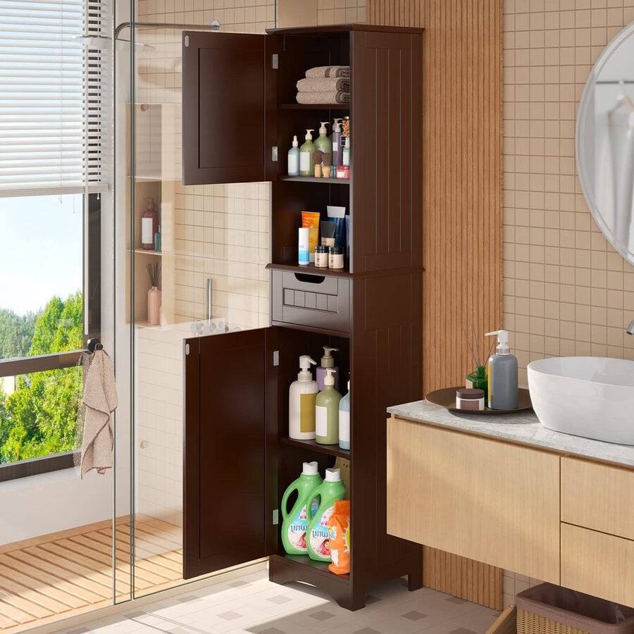 Linen Unit Hivvago Bathroom Linen Cabinet Tower with 2 Doors Storage Drawer and ...