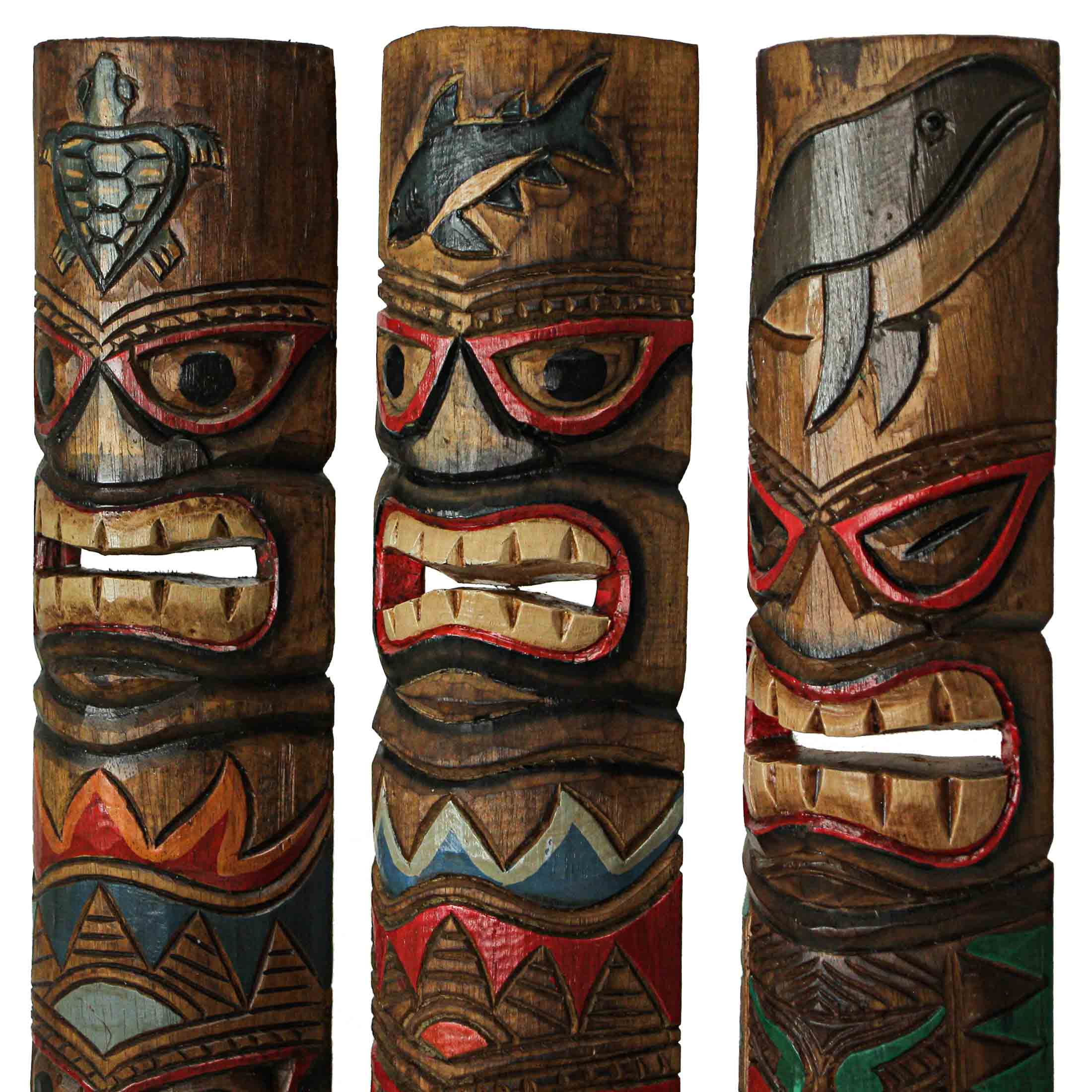 Alt View 1. Zeckos - Set of 3 Double Tiki Mask Ocean Totem Hand Carved Wall Decor Sculpture 24 Inch - Multicolored.