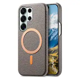 Dteck - Lychee Texture Case for Samsung Galaxy S26 Ultra, Premium PU Leather Magnetic Shockproof Hard PC Cover with Raised Edges - Gray