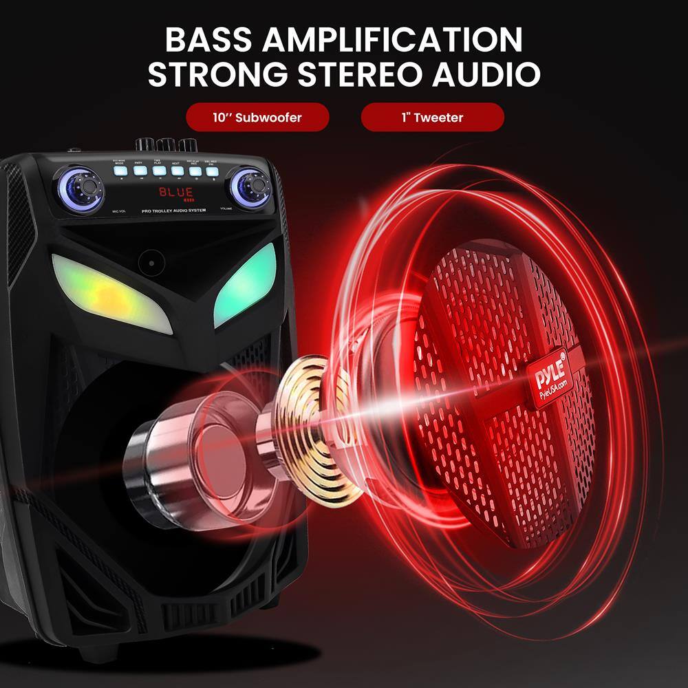 BASS AMPLIFICATION  
STRONG STEREO AUDIO  

10" Subwoofer  
1" Tweeter  

BLUE  
PRO TROLLEY AUDIO SYSTEM  

PYLE  
PYLEUSA.com