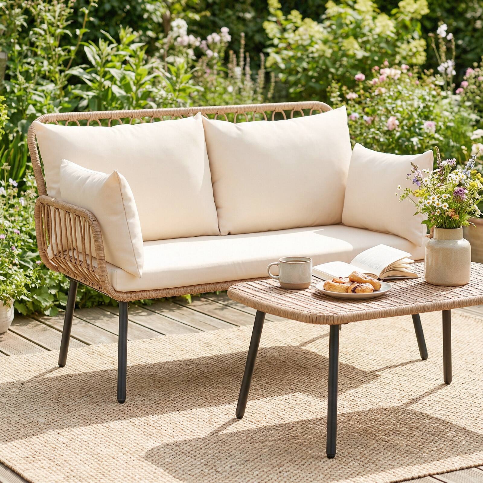 Alt View 5. Costway - Costway Outdoor 2-Seater Sofa with Pillows, Cushions, Metal Frame & Adjustable Foot Pads - Natural & Off White.