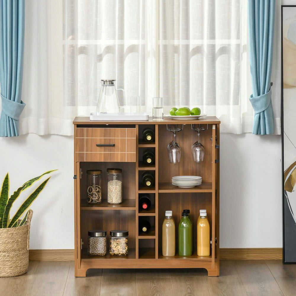 Left. Kadyn - Retro Wine Cabinet for 6 Bottles with Glass Holders and a Drawer, Brown - Brown.